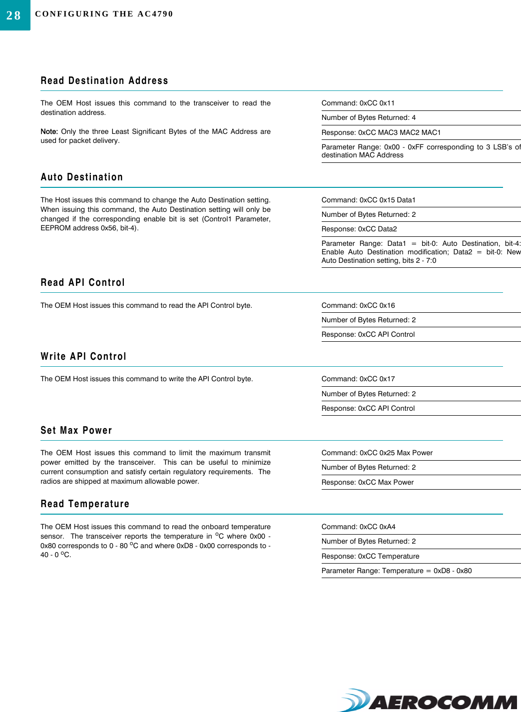 CONFIGURING THE AC479028Read Destination AddressThe OEM Host issues this command to the transceiver to read thedestination address.Note: Only the three Least Significant Bytes of the MAC Address areused for packet delivery.Command: 0xCC 0x11Number of Bytes Returned: 4Response: 0xCC MAC3 MAC2 MAC1Parameter Range: 0x00 - 0xFF corresponding to 3 LSB’s ofdestination MAC AddressAuto DestinationThe Host issues this command to change the Auto Destination setting.When issuing this command, the Auto Destination setting will only bechanged if the corresponding enable bit is set (Control1 Parameter,EEPROM address 0x56, bit-4).Command: 0xCC 0x15 Data1Number of Bytes Returned: 2Response: 0xCC Data2Parameter Range: Data1 = bit-0: Auto Destination, bit-4:Enable Auto Destination modification; Data2 = bit-0: NewAuto Destination setting, bits 2 - 7:0Read API ControlThe OEM Host issues this command to read the API Control byte. Command: 0xCC 0x16Number of Bytes Returned: 2Response: 0xCC API ControlWrite API ControlThe OEM Host issues this command to write the API Control byte. Command: 0xCC 0x17Number of Bytes Returned: 2Response: 0xCC API ControlSet Max PowerThe OEM Host issues this command to limit the maximum transmitpower emitted by the transceiver.  This can be useful to minimizecurrent consumption and satisfy certain regulatory requirements.  Theradios are shipped at maximum allowable power.Command: 0xCC 0x25 Max PowerNumber of Bytes Returned: 2Response: 0xCC Max PowerRead TemperatureThe OEM Host issues this command to read the onboard temperaturesensor.  The transceiver reports the temperature in oC where 0x00 -0x80 corresponds to 0 - 80 oC and where 0xD8 - 0x00 corresponds to -40 - 0 oC.Command: 0xCC 0xA4Number of Bytes Returned: 2Response: 0xCC TemperatureParameter Range: Temperature = 0xD8 - 0x80