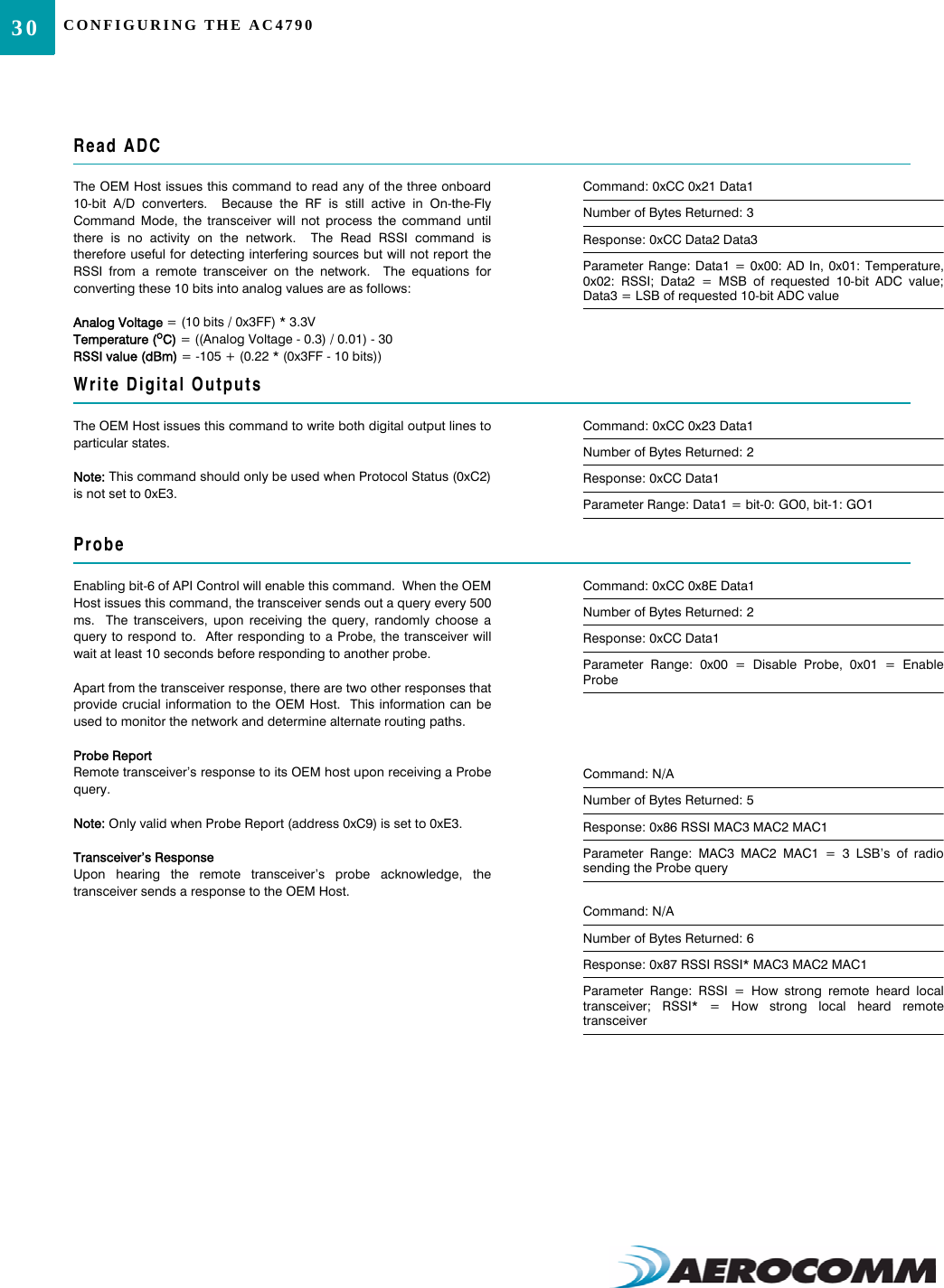 CONFIGURING THE AC479030Read ADCThe OEM Host issues this command to read any of the three onboard10-bit A/D converters.  Because the RF is still active in On-the-FlyCommand Mode, the transceiver will not process the command untilthere is no activity on the network.  The Read RSSI command istherefore useful for detecting interfering sources but will not report theRSSI from a remote transceiver on the network.  The equations forconverting these 10 bits into analog values are as follows:Analog Voltage = (10 bits / 0x3FF) * 3.3VTemperature (oC) = ((Analog Voltage - 0.3) / 0.01) - 30RSSI value (dBm) = -105 + (0.22 * (0x3FF - 10 bits))Command: 0xCC 0x21 Data1Number of Bytes Returned: 3Response: 0xCC Data2 Data3Parameter Range: Data1 = 0x00: AD In, 0x01: Temperature,0x02: RSSI; Data2 = MSB of requested 10-bit ADC value;Data3 = LSB of requested 10-bit ADC valueWrite Digital OutputsThe OEM Host issues this command to write both digital output lines toparticular states.Note: This command should only be used when Protocol Status (0xC2)is not set to 0xE3.Command: 0xCC 0x23 Data1Number of Bytes Returned: 2Response: 0xCC Data1Parameter Range: Data1 = bit-0: GO0, bit-1: GO1ProbeEnabling bit-6 of API Control will enable this command.  When the OEMHost issues this command, the transceiver sends out a query every 500ms.  The transceivers, upon receiving the query, randomly choose aquery to respond to.  After responding to a Probe, the transceiver willwait at least 10 seconds before responding to another probe.Apart from the transceiver response, there are two other responses thatprovide crucial information to the OEM Host.  This information can beused to monitor the network and determine alternate routing paths.Probe ReportRemote transceiver’s response to its OEM host upon receiving a Probequery.Note: Only valid when Probe Report (address 0xC9) is set to 0xE3.Transceiver’s ResponseUpon hearing the remote transceiver’s probe acknowledge, thetransceiver sends a response to the OEM Host.Command: 0xCC 0x8E Data1Number of Bytes Returned: 2Response: 0xCC Data1Parameter Range: 0x00 = Disable Probe, 0x01 = EnableProbeCommand: N/ANumber of Bytes Returned: 5Response: 0x86 RSSI MAC3 MAC2 MAC1Parameter Range: MAC3 MAC2 MAC1 = 3 LSB’s of radiosending the Probe queryCommand: N/ANumber of Bytes Returned: 6Response: 0x87 RSSI RSSI* MAC3 MAC2 MAC1Parameter Range: RSSI = How strong remote heard localtransceiver; RSSI* = How strong local heard remotetransceiver