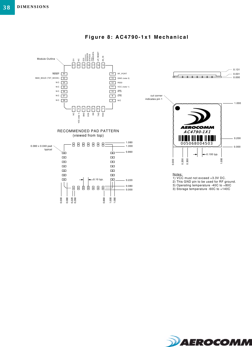 DIMENSIONS38Figure 8: AC4790-1x1 Mechanical0.0000.2000.3000.0000.0801.0001.080cut corner indicates pin 10.0310.0000.131AC4790-1X11.0000.0000.100 typ.0.2001.0000050680045030.2200.2600.10 typ.0.8600.080 x 0.040 padtypicalRECOMMENDED PAD PATTERN (viewed from top)0.0000.0800.2200.8601.0001.080Module Outline28127234567262524232221 20 19 18 17 16 15891011121314N/CCTSRTSVCC (note 1)RSSIGND (note 2)RF_PORTAD_INUP_RESETCMD/DATASESSION STATUSDO1NCDI1N/CN/CN/CN/CN/C9600_BAUD (TST_MODE)RESETRXDTXDDI0DO0GNDVCC (note 1)NCNotes:1) VCC must not exceed +3.3V DC.2) This GND pin to be used for RF ground.3) Operating temperature -40C to +80C3) Storage temperature -60C to +140C