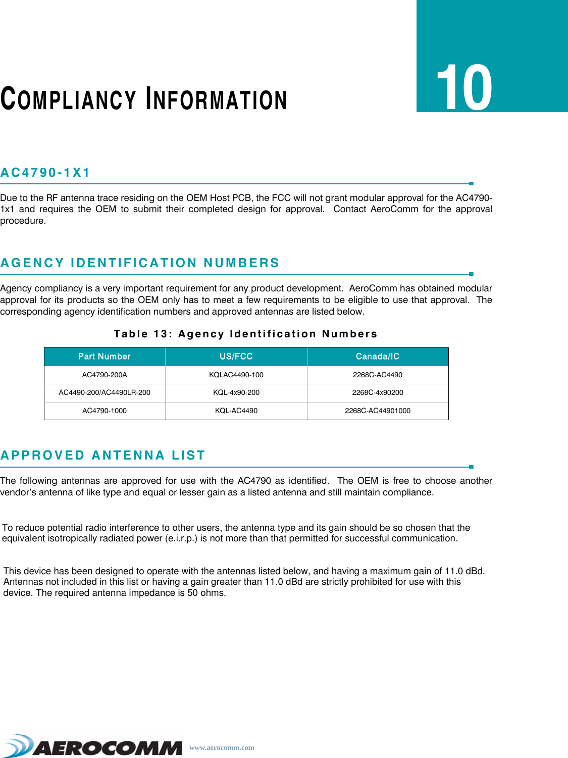 www.aerocomm.comCOMPLIANCY INFORMATION10AC4790-1X1Due to the RF antenna trace residing on the OEM Host PCB, the FCC will not grant modular approval for the AC4790-1x1 and requires the OEM to submit their completed design for approval.  Contact AeroComm for the approvalprocedure.AGENCY IDENTIFICATION NUMBERSAgency compliancy is a very important requirement for any product development.  AeroComm has obtained modularapproval for its products so the OEM only has to meet a few requirements to be eligible to use that approval.  Thecorresponding agency identification numbers and approved antennas are listed below.APPROVED ANTENNA LISTThe following antennas are approved for use with the AC4790 as identified.  The OEM is free to choose anothervendor’s antenna of like type and equal or lesser gain as a listed antenna and still maintain compliance.Table 13: Agency Identification NumbersPart Number US/FCC Canada/ICAC4790-200A KQLAC4490-100 2268C-AC4490AC4490-200/AC4490LR-200 KQL-4x90-200 2268C-4x90200AC4790-1000 KQL-AC4490 2268C-AC44901000To reduce potential radio interference to other users, the antenna type and its gain should be so chosen that theequivalent isotropically radiated power (e.i.r.p.) is not more than that permitted for successful communication.This device has been designed to operate with the antennas listed below, and having a maximum gain of 11.0 dBd.Antennas not included in this list or having a gain greater than 11.0 dBd are strictly prohibited for use with thisdevice. The required antenna impedance is 50 ohms.