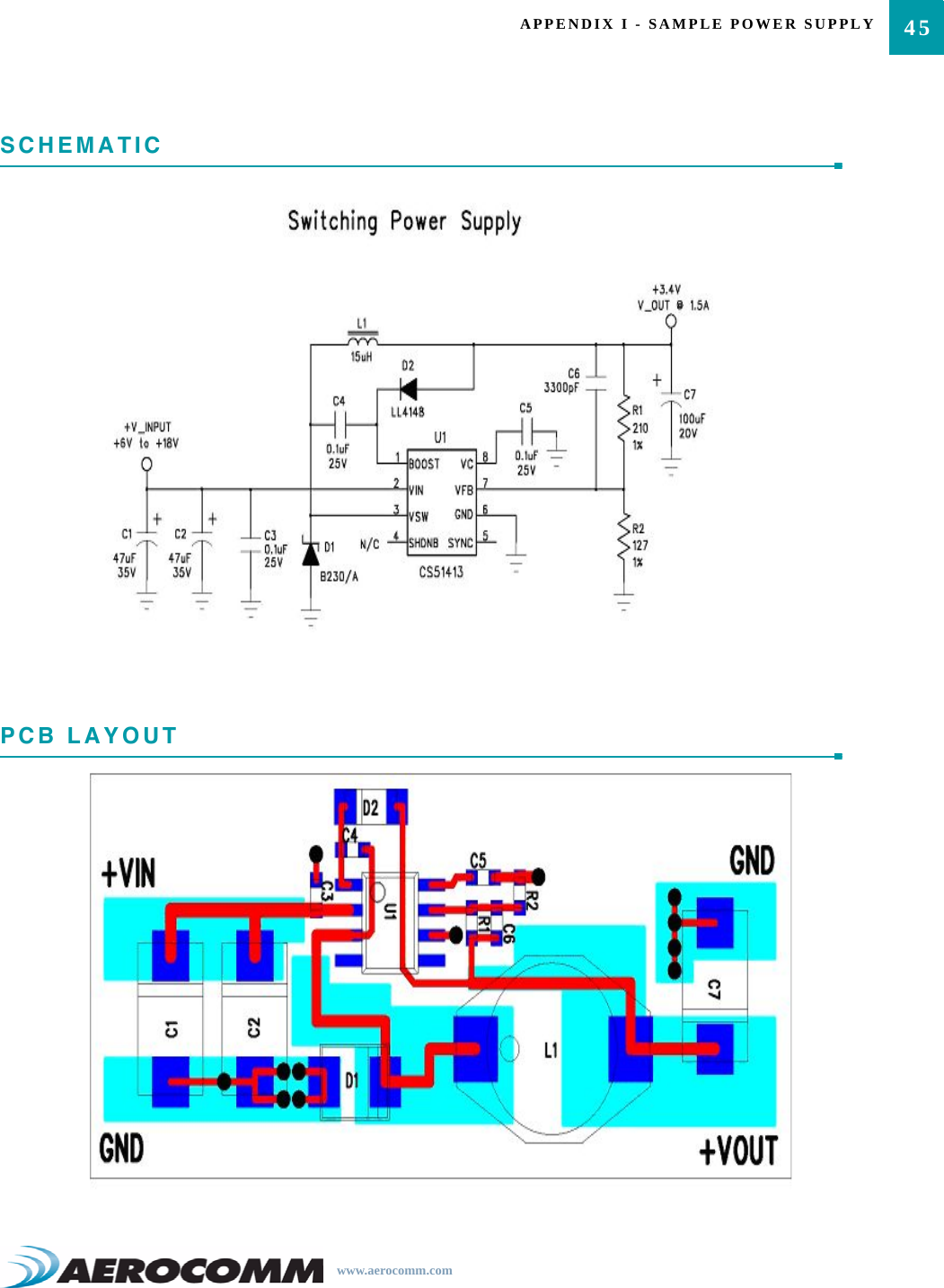 45APPENDIX I - SAMPLE POWER SUPPLYwww.aerocomm.comSCHEMATICPCB LAYOUT