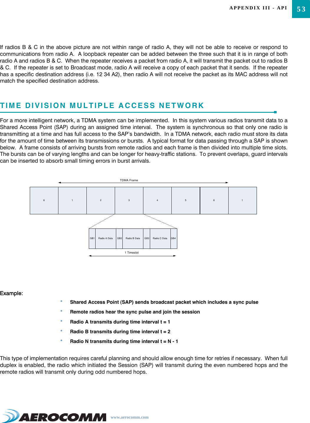 53APPENDIX III - APIwww.aerocomm.comIf radios B &amp; C in the above picture are not within range of radio A, they will not be able to receive or respond tocommunications from radio A.  A loopback repeater can be added between the three such that it is in range of bothradio A and radios B &amp; C.  When the repeater receives a packet from radio A, it will transmit the packet out to radios B&amp; C.  If the repeater is set to Broadcast mode, radio A will receive a copy of each packet that it sends.  If the repeaterhas a specific destination address (i.e. 12 34 A2), then radio A will not receive the packet as its MAC address will notmatch the specified destination address.TIME DIVISION MULTIPLE ACCESS NETWORKFor a more intelligent network, a TDMA system can be implemented.  In this system various radios transmit data to aShared Access Point (SAP) during an assigned time interval.  The system is synchronous so that only one radio istransmitting at a time and has full access to the SAP’s bandwidth.  In a TDMA network, each radio must store its datafor the amount of time between its transmissions or bursts.  A typical format for data passing through a SAP is shownbelow.  A frame consists of arriving bursts from remote radios and each frame is then divided into multiple time slots.The bursts can be of varying lengths and can be longer for heavy-traffic stations.  To prevent overlaps, guard intervalscan be inserted to absorb small timing errors in burst arrivals.Example:•Shared Access Point (SAP) sends broadcast packet which includes a sync pulse•Remote radios hear the sync pulse and join the session•Radio A transmits during time interval t = 1•Radio B transmits during time interval t = 2•Radio N transmits during time interval t = N - 1This type of implementation requires careful planning and should allow enough time for retries if necessary.  When fullduplex is enabled, the radio which initiated the Session (SAP) will transmit during the even numbered hops and theremote radios will transmit only during odd numbered hops.123456GB1 Radio A Data GB2 Radio B Data GB3 GB4Radio C Data6 1TDMA Frame1 Timeslot