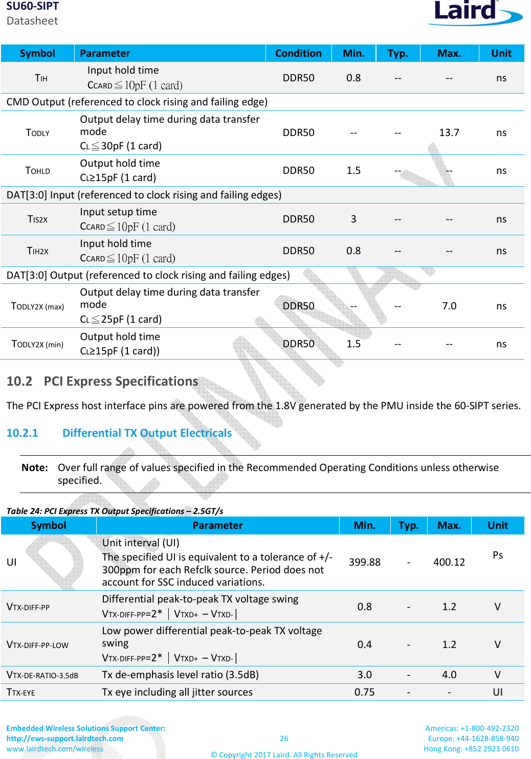 SU60-SIPT Datasheet Embedded Wireless Solutions Support Center:  http://ews-support.lairdtech.com www.lairdtech.com/wireless  26 © Copyright 2017 Laird. All Rights Reserved Americas: +1-800-492-2320 Europe: +44-1628-858-940 Hong Kong: +852 2923 0610  Symbol  Parameter  Condition  Min.  Typ.  Max.  Unit TIH Input hold time CCARD DDR50  0.8  --  --  ns CMD Output (referenced to clock rising and failing edge) TODLY Output delay time during data transfer mode CL30pF (1 card) DDR50 --  --  13.7  ns TOHLD Output hold time CL≥15pF (1 card)  DDR50 1.5  --  --  ns DAT[3:0] Input (referenced to clock rising and failing edges) TIS2X Input setup time CCARD DDR50  3  --  --  ns TIH2X Input hold time CCARD DDR50  0.8  --  --  ns DAT[3:0] Output (referenced to clock rising and failing edges) TODLY2X (max) Output delay time during data transfer mode  CL25pF (1 card) DDR50  --  --  7.0  ns TODLY2X (min) Output hold time CL≥15pF (1 card))  DDR50  1.5  --  --  ns 10.2 PCI Express Specifications The PCI Express host interface pins are powered from the 1.8V generated by the PMU inside the 60-SIPT series. 10.2.1 Differential TX Output Electricals Note:   Over full range of values specified in the Recommended Operating Conditions unless otherwise specified. Table 24: PCI Express TX Output Specifications – 2.5GT/s Symbol  Parameter  Min.  Typ. Max.  Unit UI Unit interval (UI) The specified UI is equivalent to a tolerance of +/-300ppm for each Refclk source. Period does not account for SSC induced variations. 399.88  -  400.12 Ps  VTX-DIFF-PP Differential peak-to-peak TX voltage swing  VTX-DIFF-PP=2* VTXD+  – VTXD-│  0.8  -  1.2  V VTX-DIFF-PP-LOW Low power differential peak-to-peak TX voltage swing  VTX-DIFF-PP=2* VTXD+  – VTXD-│ 0.4  -  1.2  V VTX-DE-RATIO-3.5dB  Tx de-emphasis level ratio (3.5dB)  3.0  -  4.0  V TTX-EYE  Tx eye including all jitter sources  0.75  -  -  UI 