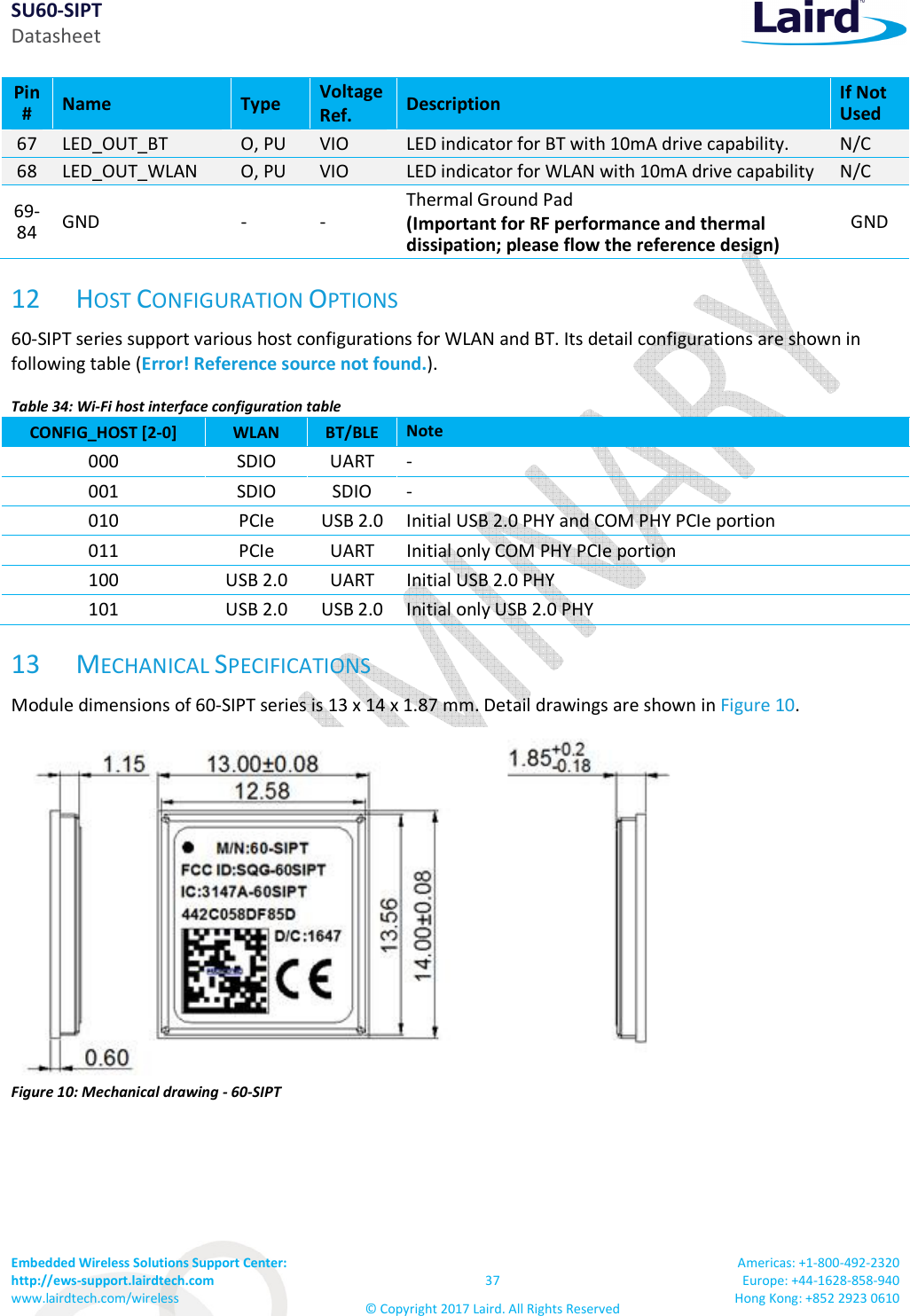 SU60-SIPT Datasheet Embedded Wireless Solutions Support Center:  http://ews-support.lairdtech.com www.lairdtech.com/wireless  37 © Copyright 2017 Laird. All Rights Reserved Americas: +1-800-492-2320 Europe: +44-1628-858-940 Hong Kong: +852 2923 0610  Pin #  Name  Type  Voltage  Ref.  Description  If Not Used 67 LED_OUT_BT  O, PU  VIO  LED indicator for BT with 10mA drive capability.  N/C 68 LED_OUT_WLAN  O, PU  VIO  LED indicator for WLAN with 10mA drive capability N/C 69-84 GND  -  - Thermal Ground Pad  (Important for RF performance and thermal dissipation; please flow the reference design)  GND 12 HOST CONFIGURATION OPTIONS  60-SIPT series support various host configurations for WLAN and BT. Its detail configurations are shown in following table (Error! Reference source not found.).  Table 34: Wi-Fi host interface configuration table CONFIG_HOST [2-0] WLAN  BT/BLE  Note 000  SDIO  UART  - 001  SDIO  SDIO  - 010  PCIe  USB 2.0 Initial USB 2.0 PHY and COM PHY PCIe portion 011  PCIe  UART  Initial only COM PHY PCIe portion 100  USB 2.0  UART  Initial USB 2.0 PHY 101  USB 2.0  USB 2.0 Initial only USB 2.0 PHY 13 MECHANICAL SPECIFICATIONS Module dimensions of 60-SIPT series is 13 x 14 x 1.87 mm. Detail drawings are shown in Figure 10.  Figure 10: Mechanical drawing - 60-SIPT 