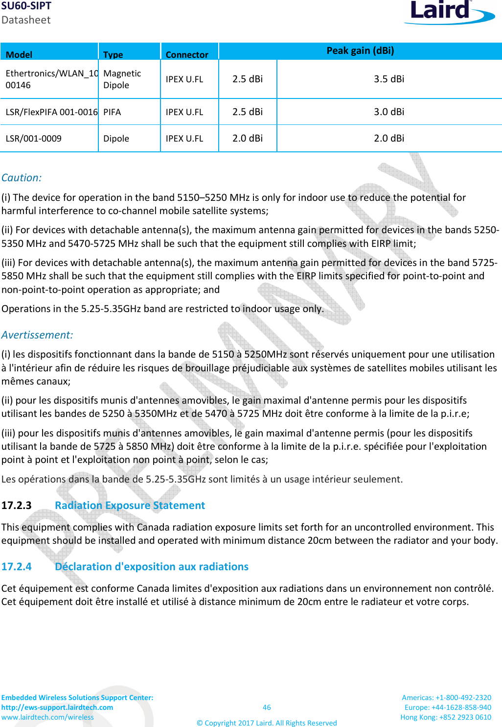 SU60-SIPT Datasheet Embedded Wireless Solutions Support Center:  http://ews-support.lairdtech.com www.lairdtech.com/wireless  46 © Copyright 2017 Laird. All Rights Reserved Americas: +1-800-492-2320 Europe: +44-1628-858-940 Hong Kong: +852 2923 0610  Model Type  Connector Peak gain (dBi) Ethertronics/WLAN_1000146  Magnetic Dipole IPEX U.FL  2.5 dBi  3.5 dBi LSR/FlexPIFA 001-0016PIFA IPEX U.FL  2.5 dBi  3.0 dBi LSR/001-0009 Dipole IPEX U.FL  2.0 dBi  2.0 dBi Caution:   (i) The device for operation in the band 5150–5250 MHz is only for indoor use to reduce the potential for harmful interference to co-channel mobile satellite systems;  (ii) For devices with detachable antenna(s), the maximum antenna gain permitted for devices in the bands 5250-5350 MHz and 5470-5725 MHz shall be such that the equipment still complies with EIRP limit;  (iii) For devices with detachable antenna(s), the maximum antenna gain permitted for devices in the band 5725-5850 MHz shall be such that the equipment still complies with the EIRP limits specified for point-to-point and non-point-to-point operation as appropriate; and  Operations in the 5.25-5.35GHz band are restricted to indoor usage only.  Avertissement: (i) les dispositifs fonctionnant dans la bande de 5150 à 5250MHz sont réservés uniquement pour une utilisation à l&apos;intérieur afin de réduire les risques de brouillage préjudiciable aux systèmes de satellites mobiles utilisant les mêmes canaux; (ii) pour les dispositifs munis d&apos;antennes amovibles, le gain maximal d&apos;antenne permis pour les dispositifs utilisant les bandes de 5250 à 5350MHz et de 5470 à 5725 MHz doit être conforme à la limite de la p.i.r.e; (iii) pour les dispositifs munis d&apos;antennes amovibles, le gain maximal d&apos;antenne permis (pour les dispositifs utilisant la bande de 5725 à 5850 MHz) doit être conforme à la limite de la p.i.r.e. spécifiée pour l&apos;exploitation point à point et l&apos;exploitation non point à point, selon le cas; Les opérations dans la bande de 5.25-5.35GHz sont limités à un usage intérieur seulement. 17.2.3 Radiation Exposure Statement This equipment complies with Canada radiation exposure limits set forth for an uncontrolled environment. This equipment should be installed and operated with minimum distance 20cm between the radiator and your body. 17.2.4 Déclaration d&apos;exposition aux radiations Cet équipement est conforme Canada limites d&apos;exposition aux radiations dans un environnement non contrôlé. Cet équipement doit être installé et utilisé à distance minimum de 20cm entre le radiateur et votre corps. 