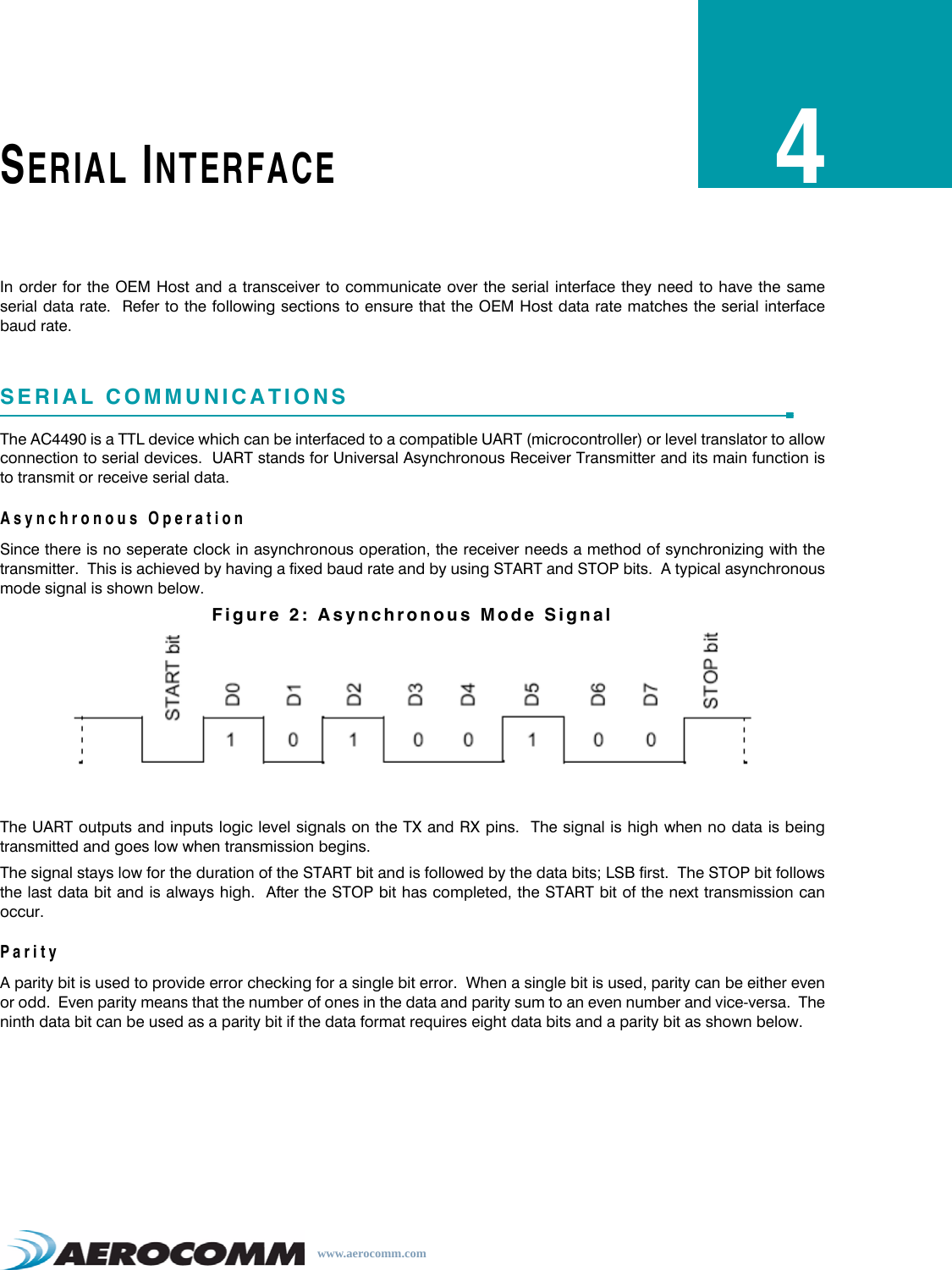 www.aerocomm.comSERIAL INTERFACE4In order for the OEM Host and a transceiver to communicate over the serial interface they need to have the sameserial data rate.  Refer to the following sections to ensure that the OEM Host data rate matches the serial interfacebaud rate.SERIAL COMMUNICATIONSThe AC4490 is a TTL device which can be interfaced to a compatible UART (microcontroller) or level translator to allowconnection to serial devices.  UART stands for Universal Asynchronous Receiver Transmitter and its main function isto transmit or receive serial data.Asynchronous OperationSince there is no seperate clock in asynchronous operation, the receiver needs a method of synchronizing with thetransmitter.  This is achieved by having a fixed baud rate and by using START and STOP bits.  A typical asynchronousmode signal is shown below.Figure 2: Asynchronous Mode SignalThe UART outputs and inputs logic level signals on the TX and RX pins.  The signal is high when no data is beingtransmitted and goes low when transmission begins.The signal stays low for the duration of the START bit and is followed by the data bits; LSB first.  The STOP bit followsthe last data bit and is always high.  After the STOP bit has completed, the START bit of the next transmission canoccur.ParityA parity bit is used to provide error checking for a single bit error.  When a single bit is used, parity can be either evenor odd.  Even parity means that the number of ones in the data and parity sum to an even number and vice-versa.  Theninth data bit can be used as a parity bit if the data format requires eight data bits and a parity bit as shown below.