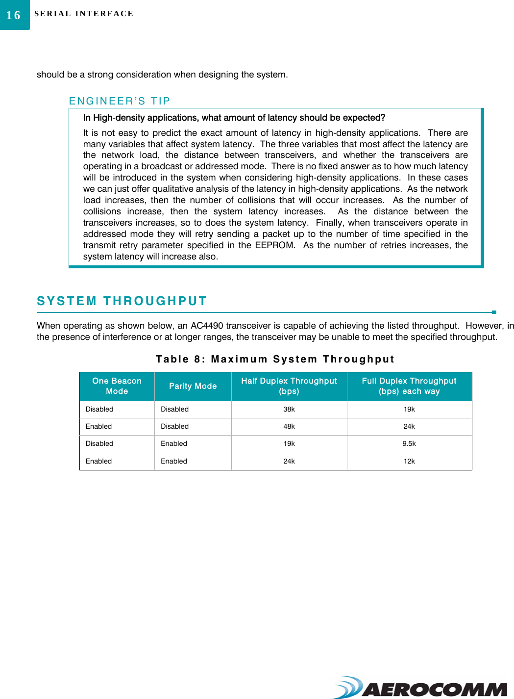 SERIAL INTERFACE16should be a strong consideration when designing the system.SYSTEM THROUGHPUTWhen operating as shown below, an AC4490 transceiver is capable of achieving the listed throughput.  However, inthe presence of interference or at longer ranges, the transceiver may be unable to meet the specified throughput.ENGINEER’S TIPIn High-density applications, what amount of latency should be expected?It is not easy to predict the exact amount of latency in high-density applications.  There aremany variables that affect system latency.  The three variables that most affect the latency arethe network load, the distance between transceivers, and whether the transceivers areoperating in a broadcast or addressed mode.  There is no fixed answer as to how much latencywill be introduced in the system when considering high-density applications.  In these caseswe can just offer qualitative analysis of the latency in high-density applications.  As the networkload increases, then the number of collisions that will occur increases.  As the number ofcollisions increase, then the system latency increases.  As the distance between thetransceivers increases, so to does the system latency.  Finally, when transceivers operate inaddressed mode they will retry sending a packet up to the number of time specified in thetransmit retry parameter specified in the EEPROM.  As the number of retries increases, thesystem latency will increase also.Table 8: Maximum System ThroughputOne Beacon Mode Parity Mode Half Duplex Throughput (bps)Full Duplex Throughput (bps) each wayDisabled Disabled 38k 19kEnabled Disabled 48k 24kDisabled Enabled 19k 9.5kEnabled Enabled 24k 12k