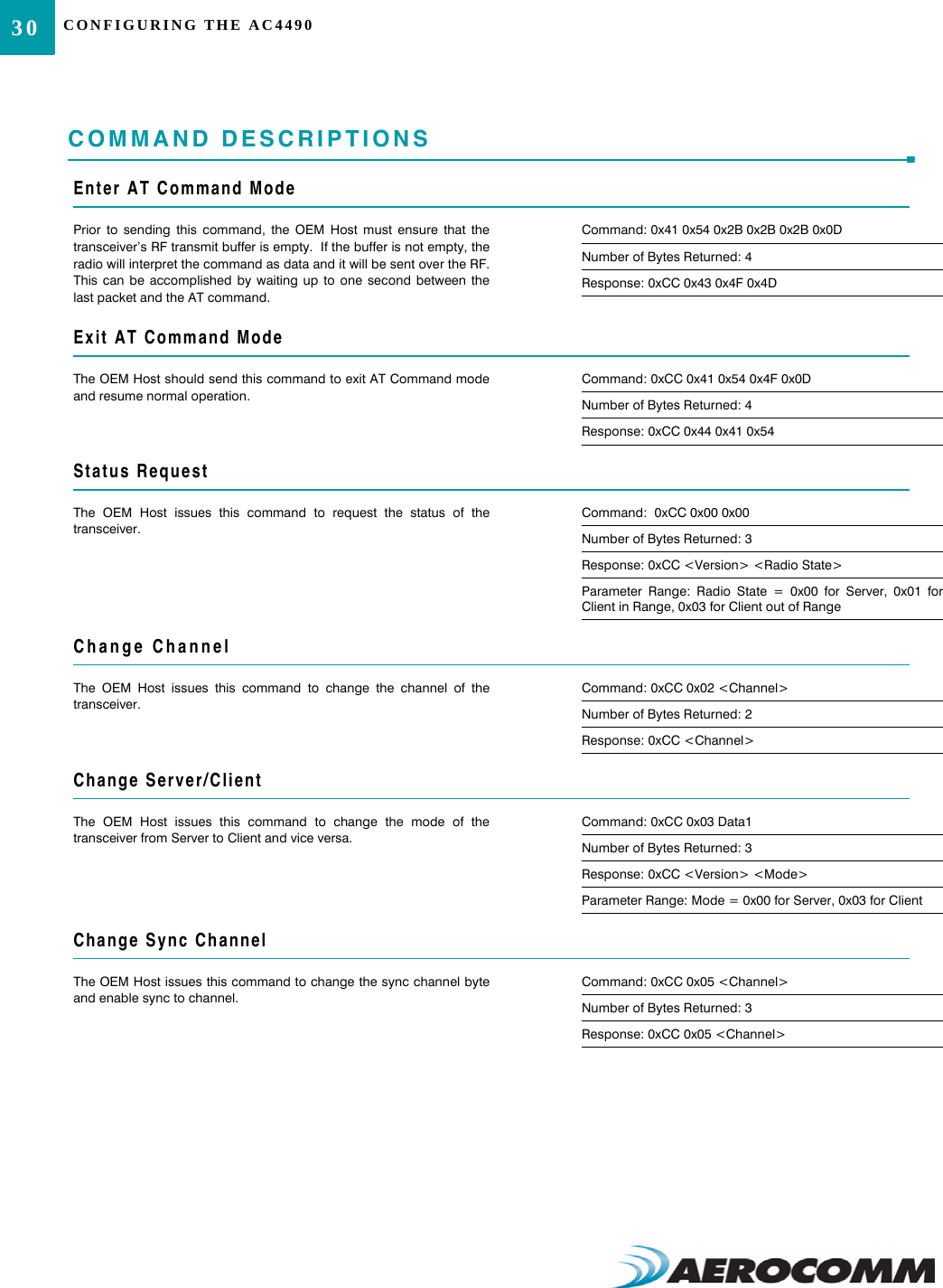 CONFIGURING THE AC449030COMMAND DESCRIPTIONSEnter AT Command ModePrior to sending this command, the OEM Host must ensure that thetransceiver’s RF transmit buffer is empty.  If the buffer is not empty, theradio will interpret the command as data and it will be sent over the RF.This can be accomplished by waiting up to one second between thelast packet and the AT command.Command: 0x41 0x54 0x2B 0x2B 0x2B 0x0DNumber of Bytes Returned: 4Response: 0xCC 0x43 0x4F 0x4DExit AT Command ModeThe OEM Host should send this command to exit AT Command modeand resume normal operation.Command: 0xCC 0x41 0x54 0x4F 0x0DNumber of Bytes Returned: 4Response: 0xCC 0x44 0x41 0x54Status RequestThe OEM Host issues this command to request the status of thetransceiver.Command:  0xCC 0x00 0x00Number of Bytes Returned: 3Response: 0xCC &lt;Version&gt; &lt;Radio State&gt;Parameter Range: Radio State = 0x00 for Server, 0x01 forClient in Range, 0x03 for Client out of RangeChange ChannelThe OEM Host issues this command to change the channel of thetransceiver.Command: 0xCC 0x02 &lt;Channel&gt;Number of Bytes Returned: 2Response: 0xCC &lt;Channel&gt;Change Server/ClientThe OEM Host issues this command to change the mode of thetransceiver from Server to Client and vice versa.Command: 0xCC 0x03 Data1Number of Bytes Returned: 3Response: 0xCC &lt;Version&gt; &lt;Mode&gt;Parameter Range: Mode = 0x00 for Server, 0x03 for ClientChange Sync ChannelThe OEM Host issues this command to change the sync channel byteand enable sync to channel.Command: 0xCC 0x05 &lt;Channel&gt;Number of Bytes Returned: 3Response: 0xCC 0x05 &lt;Channel&gt;