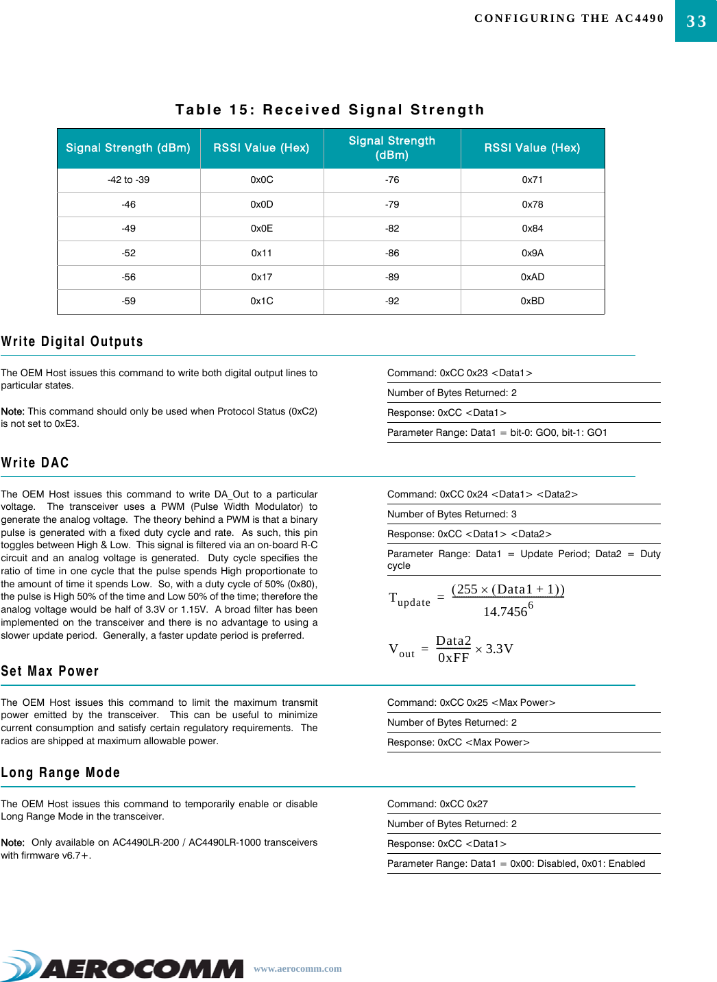 33CONFIGURING THE AC4490www.aerocomm.com-42 to -39 0x0C -76 0x71-46 0x0D -79 0x78-49 0x0E -82 0x84-52 0x11 -86 0x9A-56 0x17 -89 0xAD-59 0x1C -92 0xBDWrite Digital OutputsThe OEM Host issues this command to write both digital output lines toparticular states.Note: This command should only be used when Protocol Status (0xC2)is not set to 0xE3.Command: 0xCC 0x23 &lt;Data1&gt;Number of Bytes Returned: 2Response: 0xCC &lt;Data1&gt;Parameter Range: Data1 = bit-0: GO0, bit-1: GO1Write DACThe OEM Host issues this command to write DA_Out to a particularvoltage.  The transceiver uses a PWM (Pulse Width Modulator) togenerate the analog voltage.  The theory behind a PWM is that a binarypulse is generated with a fixed duty cycle and rate.  As such, this pintoggles between High &amp; Low.  This signal is filtered via an on-board R-Ccircuit and an analog voltage is generated.  Duty cycle specifies theratio of time in one cycle that the pulse spends High proportionate tothe amount of time it spends Low.  So, with a duty cycle of 50% (0x80),the pulse is High 50% of the time and Low 50% of the time; therefore theanalog voltage would be half of 3.3V or 1.15V.  A broad filter has beenimplemented on the transceiver and there is no advantage to using aslower update period.  Generally, a faster update period is preferred.Command: 0xCC 0x24 &lt;Data1&gt; &lt;Data2&gt;Number of Bytes Returned: 3Response: 0xCC &lt;Data1&gt; &lt;Data2&gt;Parameter Range: Data1 = Update Period; Data2 = DutycycleSet Max PowerThe OEM Host issues this command to limit the maximum transmitpower emitted by the transceiver.  This can be useful to minimizecurrent consumption and satisfy certain regulatory requirements.  Theradios are shipped at maximum allowable power.Command: 0xCC 0x25 &lt;Max Power&gt;Number of Bytes Returned: 2Response: 0xCC &lt;Max Power&gt;Long Range ModeThe OEM Host issues this command to temporarily enable or disableLong Range Mode in the transceiver.Note:  Only available on AC4490LR-200 / AC4490LR-1000 transceiverswith firmware v6.7+.Command: 0xCC 0x27Number of Bytes Returned: 2Response: 0xCC &lt;Data1&gt;Parameter Range: Data1 = 0x00: Disabled, 0x01: EnabledTable 15: Received Signal StrengthSignal Strength (dBm) RSSI Value (Hex) Signal Strength (dBm) RSSI Value (Hex)Tupdate 255 Data1 1+()×()14.74566--------------------------------------------------=Vout Data20xFF--------------- 3.3V×=
