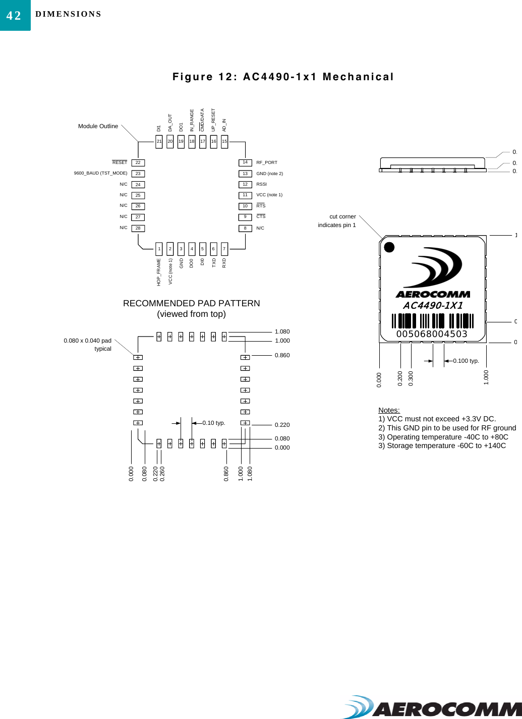 DIMENSIONS42Figure 12: AC4490-1x1 Mechanical0.0000.2000.3000.0000.0801.0001.080cut corner indicates pin 10.0.0.AC4490-1X1100.100 typ.01.0000050680045030.2200.2600.10 typ.0.8600.080 x 0.040 padtypicalRECOMMENDED PAD PATTERN (viewed from top)0.0000.0800.2200.8601.0001.080Module Outline28127234567262524232221 20 19 18 17 16 15891011121314N/CCTSRTSVCC (note 1)RSSIGND (note 2)RF_PORTAD_INUP_RESETCMD/DATAIN_RANGEDO1DA_OUTDI1N/CN/CN/CN/CN/C9600_BAUD (TST_MODE)RESETRXDTXDDI0DO0GNDVCC (note 1)HOP_FRAMENotes:1) VCC must not exceed +3.3V DC.2) This GND pin to be used for RF ground3) Operating temperature -40C to +80C3) Storage temperature -60C to +140C