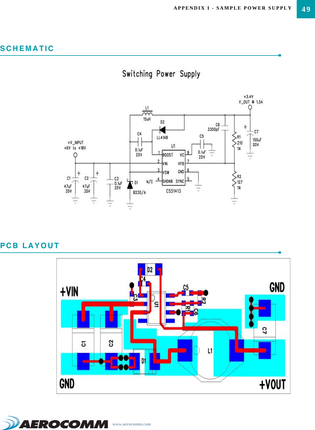 49APPENDIX I - SAMPLE POWER SUPPLYwww.aerocomm.comSCHEMATICPCB LAYOUT