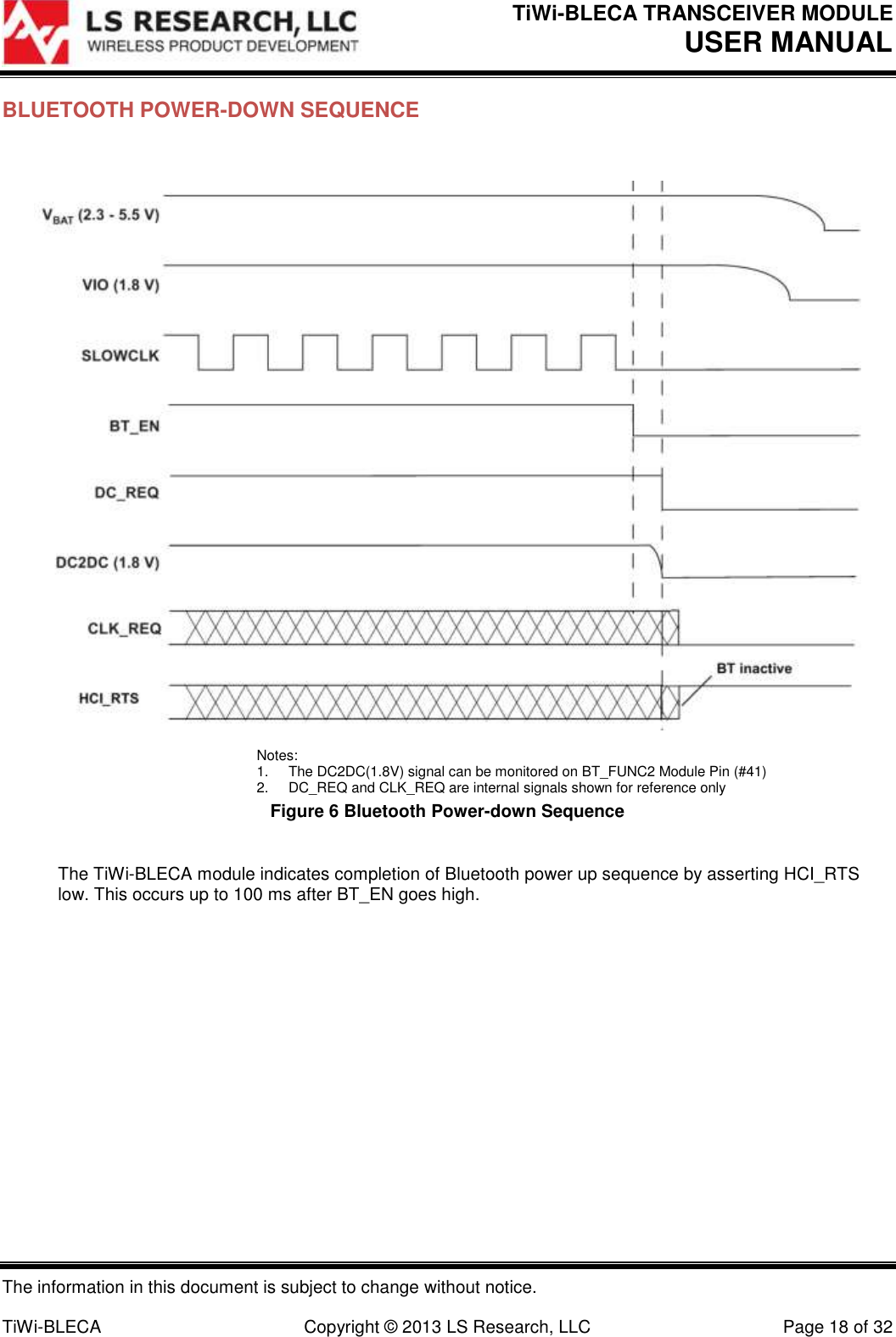 TiWi-BLECA TRANSCEIVER MODULE USER MANUAL   The information in this document is subject to change without notice.  TiWi-BLECA  Copyright © 2013 LS Research, LLC  Page 18 of 32 BLUETOOTH POWER-DOWN SEQUENCE   Notes: 1.  The DC2DC(1.8V) signal can be monitored on BT_FUNC2 Module Pin (#41) 2.  DC_REQ and CLK_REQ are internal signals shown for reference only Figure 6 Bluetooth Power-down Sequence  The TiWi-BLECA module indicates completion of Bluetooth power up sequence by asserting HCI_RTS low. This occurs up to 100 ms after BT_EN goes high.   