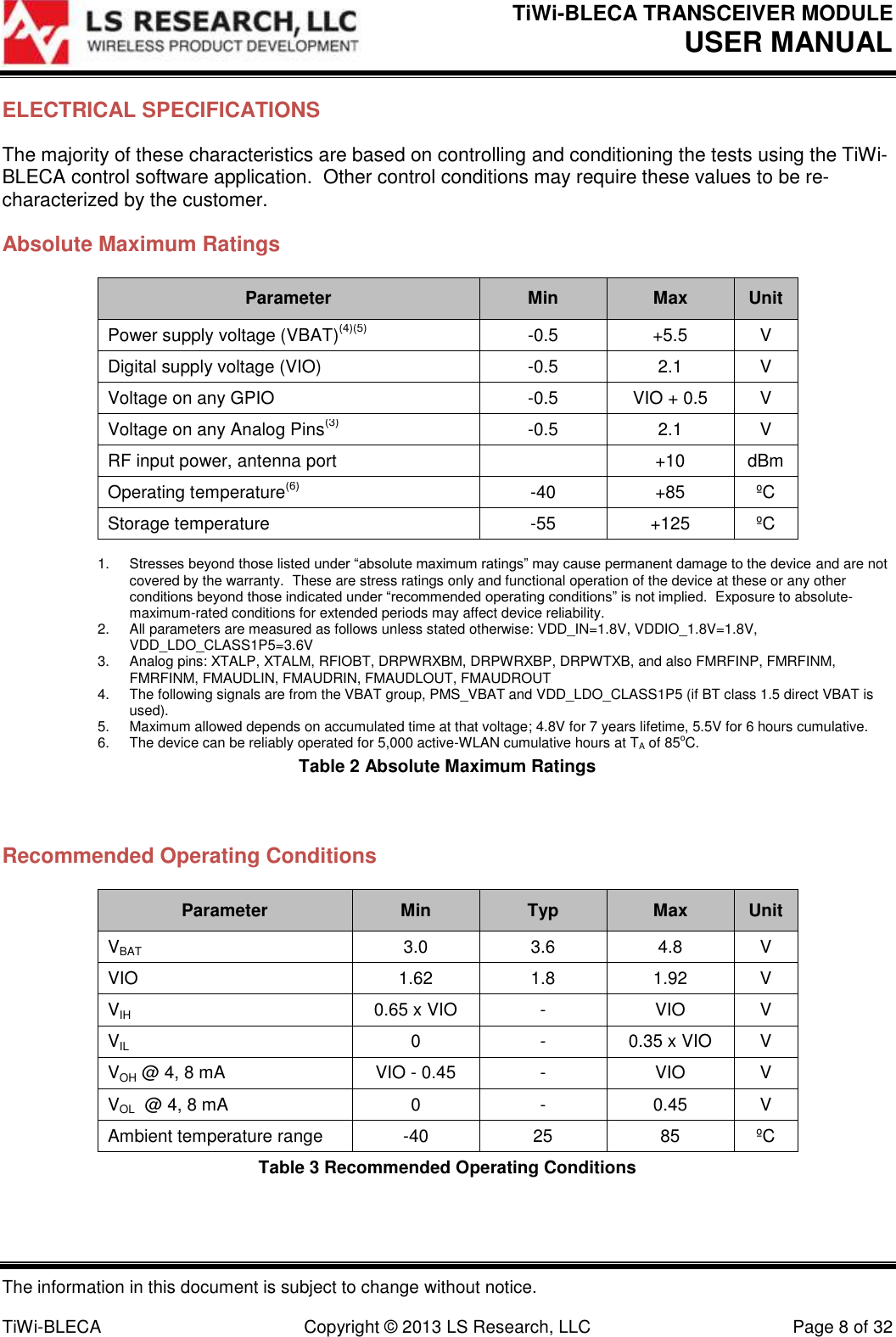 TiWi-BLECA TRANSCEIVER MODULE USER MANUAL   The information in this document is subject to change without notice.  TiWi-BLECA  Copyright © 2013 LS Research, LLC  Page 8 of 32 ELECTRICAL SPECIFICATIONS The majority of these characteristics are based on controlling and conditioning the tests using the TiWi-BLECA control software application.  Other control conditions may require these values to be re-characterized by the customer. Absolute Maximum Ratings Parameter Min Max Unit Power supply voltage (VBAT)(4)(5) -0.5 +5.5 V Digital supply voltage (VIO) -0.5 2.1 V Voltage on any GPIO -0.5 VIO + 0.5 V Voltage on any Analog Pins(3) -0.5 2.1 V RF input power, antenna port  +10 dBm Operating temperature(6) -40 +85 ºC Storage temperature -55 +125 ºC  1. Stresses beyond those listed under “absolute maximum ratings” may cause permanent damage to the device and are not covered by the warranty.  These are stress ratings only and functional operation of the device at these or any other conditions beyond those indicated under “recommended operating conditions” is not implied.  Exposure to absolute-maximum-rated conditions for extended periods may affect device reliability. 2.  All parameters are measured as follows unless stated otherwise: VDD_IN=1.8V, VDDIO_1.8V=1.8V, VDD_LDO_CLASS1P5=3.6V 3.  Analog pins: XTALP, XTALM, RFIOBT, DRPWRXBM, DRPWRXBP, DRPWTXB, and also FMRFINP, FMRFINM, FMRFINM, FMAUDLIN, FMAUDRIN, FMAUDLOUT, FMAUDROUT 4.  The following signals are from the VBAT group, PMS_VBAT and VDD_LDO_CLASS1P5 (if BT class 1.5 direct VBAT is used). 5.  Maximum allowed depends on accumulated time at that voltage; 4.8V for 7 years lifetime, 5.5V for 6 hours cumulative. 6.  The device can be reliably operated for 5,000 active-WLAN cumulative hours at TA of 85oC. Table 2 Absolute Maximum Ratings  Recommended Operating Conditions Parameter Min Typ Max Unit VBAT 3.0 3.6 4.8 V VIO 1.62 1.8 1.92 V VIH  0.65 x VIO - VIO V VIL 0 - 0.35 x VIO V VOH @ 4, 8 mA VIO - 0.45 - VIO V VOL  @ 4, 8 mA 0 - 0.45 V Ambient temperature range -40 25 85 ºC Table 3 Recommended Operating Conditions 