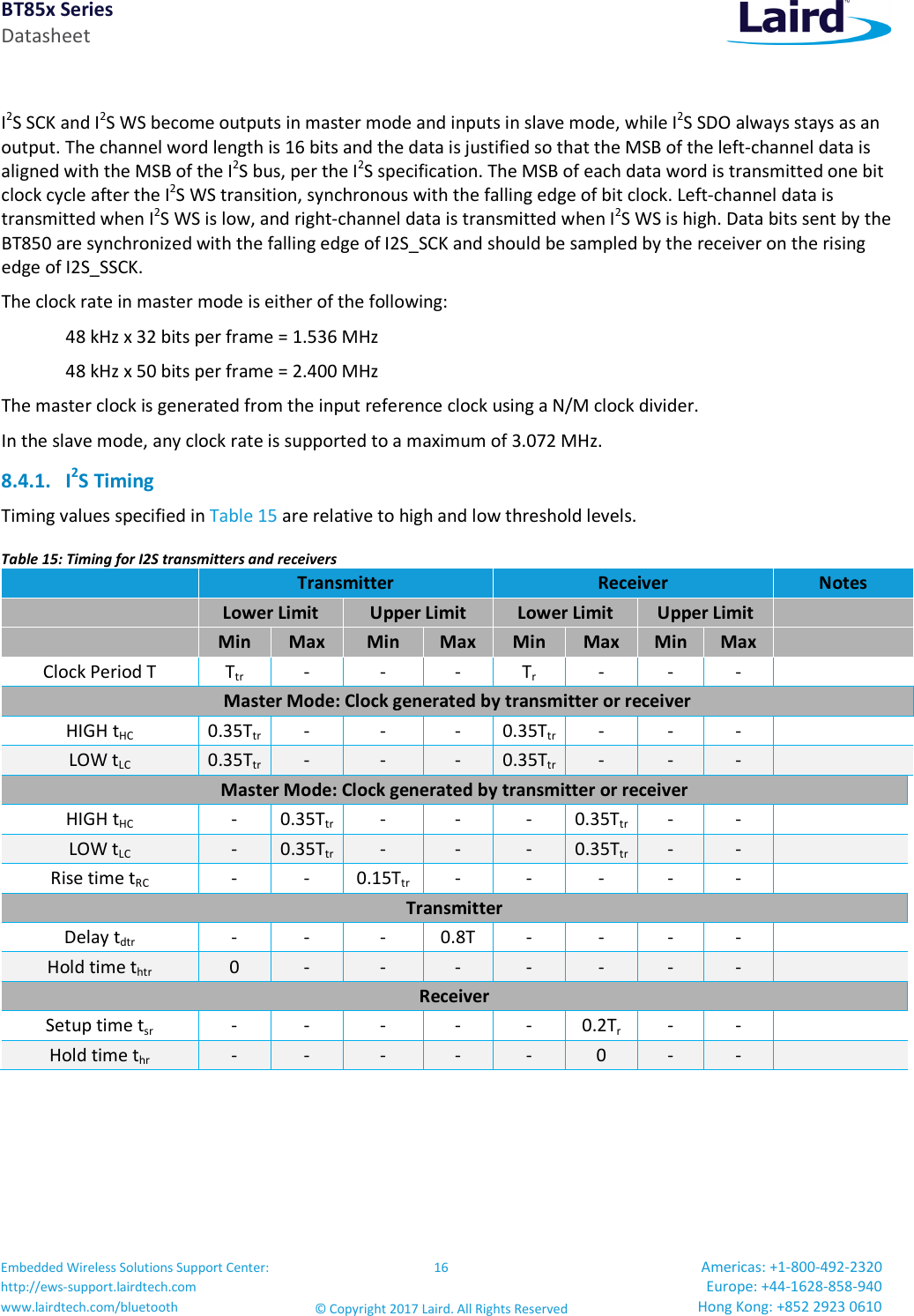 BT85x Series Datasheet Embedded Wireless Solutions Support Center: http://ews-support.lairdtech.com www.lairdtech.com/bluetooth 16 © Copyright 2017 Laird. All Rights Reserved Americas: +1-800-492-2320 Europe: +44-1628-858-940 Hong Kong: +852 2923 0610   I2S SCK and I2S WS become outputs in master mode and inputs in slave mode, while I2S SDO always stays as an output. The channel word length is 16 bits and the data is justified so that the MSB of the left-channel data is aligned with the MSB of the I2S bus, per the I2S specification. The MSB of each data word is transmitted one bit clock cycle after the I2S WS transition, synchronous with the falling edge of bit clock. Left-channel data is transmitted when I2S WS is low, and right-channel data is transmitted when I2S WS is high. Data bits sent by the BT850 are synchronized with the falling edge of I2S_SCK and should be sampled by the receiver on the rising edge of I2S_SSCK. The clock rate in master mode is either of the following:   48 kHz x 32 bits per frame = 1.536 MHz   48 kHz x 50 bits per frame = 2.400 MHz The master clock is generated from the input reference clock using a N/M clock divider. In the slave mode, any clock rate is supported to a maximum of 3.072 MHz. 8.4.1. I2S Timing Timing values specified in Table 15 are relative to high and low threshold levels. Table 15: Timing for I2S transmitters and receivers   Transmitter  Receiver  Notes  Lower Limit  Upper Limit  Lower Limit  Upper Limit    Min  Max  Min  Max  Min  Max  Min  Max   Clock Period T  Ttr  -  -  -  Tr  -  -  -   Master Mode: Clock generated by transmitter or receiver HIGH tHC  0.35Ttr -  -  -  0.35Ttr -  -  -   LOW tLC  0.35Ttr -  -  -  0.35Ttr -  -  -   Master Mode: Clock generated by transmitter or receiver HIGH tHC  -  0.35Ttr -  -  -  0.35Ttr -  -   LOW tLC  -  0.35Ttr -  -  -  0.35Ttr -  -   Rise time tRC  -  -  0.15Ttr -  -  -  -  -   Transmitter Delay tdtr  -  -  -  0.8T  -  -  -  -   Hold time thtr  0  -  -  -  -  -  -  -   Receiver Setup time tsr  -  -  -  -  -  0.2Tr  -  -   Hold time thr  -  -  -  -  -  0  -  -   