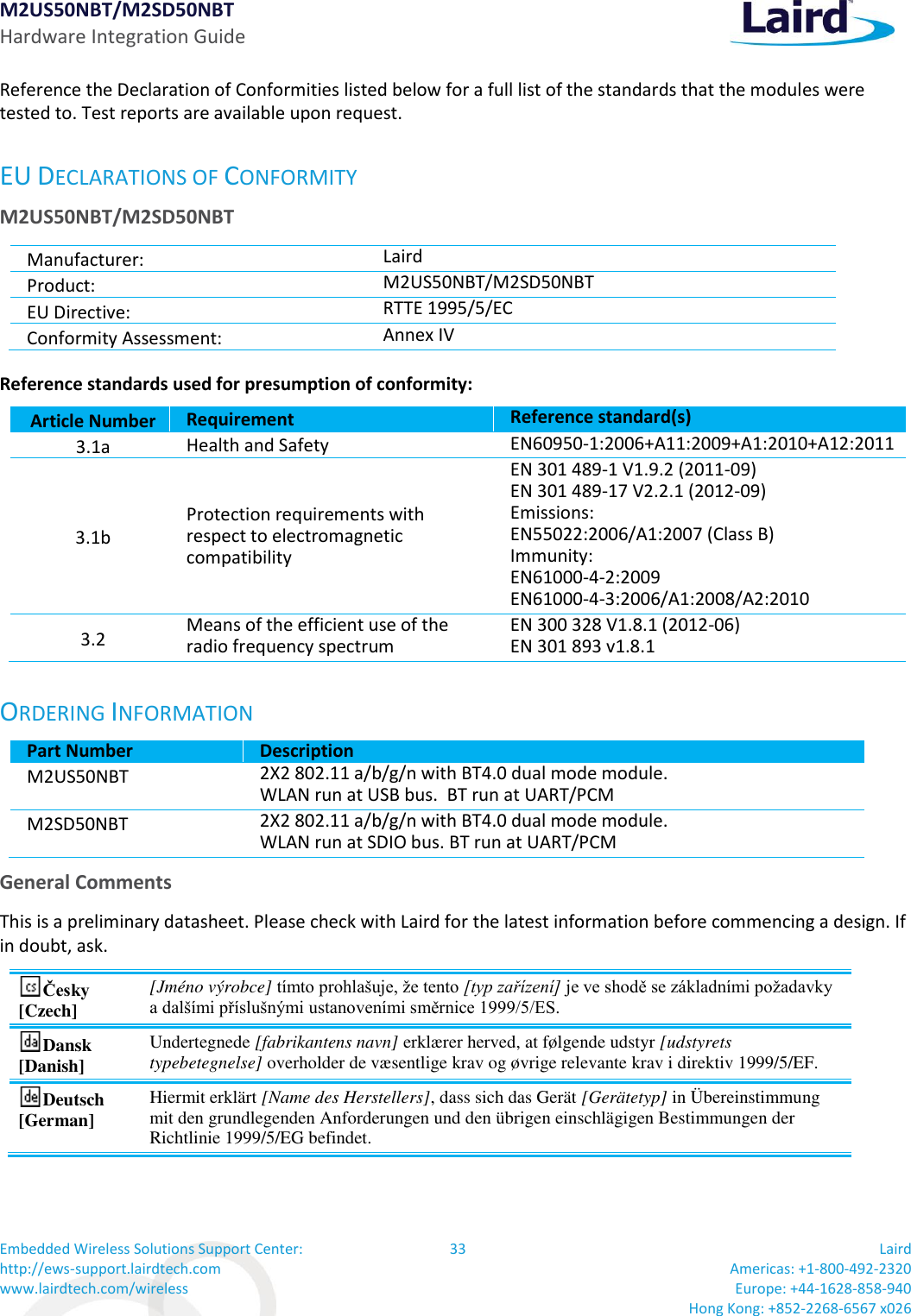 M2US50NBT/M2SD50NBT Hardware Integration Guide Embedded Wireless Solutions Support Center: http://ews-support.lairdtech.com www.lairdtech.com/wireless 33 Laird  Americas: +1-800-492-2320 Europe: +44-1628-858-940 Hong Kong: +852-2268-6567 x026  Reference the Declaration of Conformities listed below for a full list of the standards that the modules were tested to. Test reports are available upon request. EU DECLARATIONS OF CONFORMITY M2US50NBT/M2SD50NBT Manufacturer: Laird  Product: M2US50NBT/M2SD50NBT EU Directive: RTTE 1995/5/EC Conformity Assessment: Annex IV Reference standards used for presumption of conformity:  Article Number Requirement Reference standard(s) 3.1a Health and Safety  EN60950-1:2006+A11:2009+A1:2010+A12:2011 3.1b Protection requirements with respect to electromagnetic compatibility EN 301 489-1 V1.9.2 (2011-09) EN 301 489-17 V2.2.1 (2012-09) Emissions: EN55022:2006/A1:2007 (Class B) Immunity: EN61000-4-2:2009 EN61000-4-3:2006/A1:2008/A2:2010 3.2 Means of the efficient use of the radio frequency spectrum EN 300 328 V1.8.1 (2012-06) EN 301 893 v1.8.1 ORDERING INFORMATION Part Number Description M2US50NBT 2X2 802.11 a/b/g/n with BT4.0 dual mode module. WLAN run at USB bus.  BT run at UART/PCM M2SD50NBT 2X2 802.11 a/b/g/n with BT4.0 dual mode module. WLAN run at SDIO bus. BT run at UART/PCM General Comments This is a preliminary datasheet. Please check with Laird for the latest information before commencing a design. If in doubt, ask. Česky [Czech] [Jméno výrobce] tímto prohlašuje, že tento [typ zařízení] je ve shodě se základními požadavky a dalšími příslušnými ustanoveními směrnice 1999/5/ES. Dansk [Danish] Undertegnede [fabrikantens navn] erklærer herved, at følgende udstyr [udstyrets typebetegnelse] overholder de væsentlige krav og øvrige relevante krav i direktiv 1999/5/EF. Deutsch [German] Hiermit erklärt [Name des Herstellers], dass sich das Gerät [Gerätetyp] in Übereinstimmung mit den grundlegenden Anforderungen und den übrigen einschlägigen Bestimmungen der Richtlinie 1999/5/EG befindet. 
