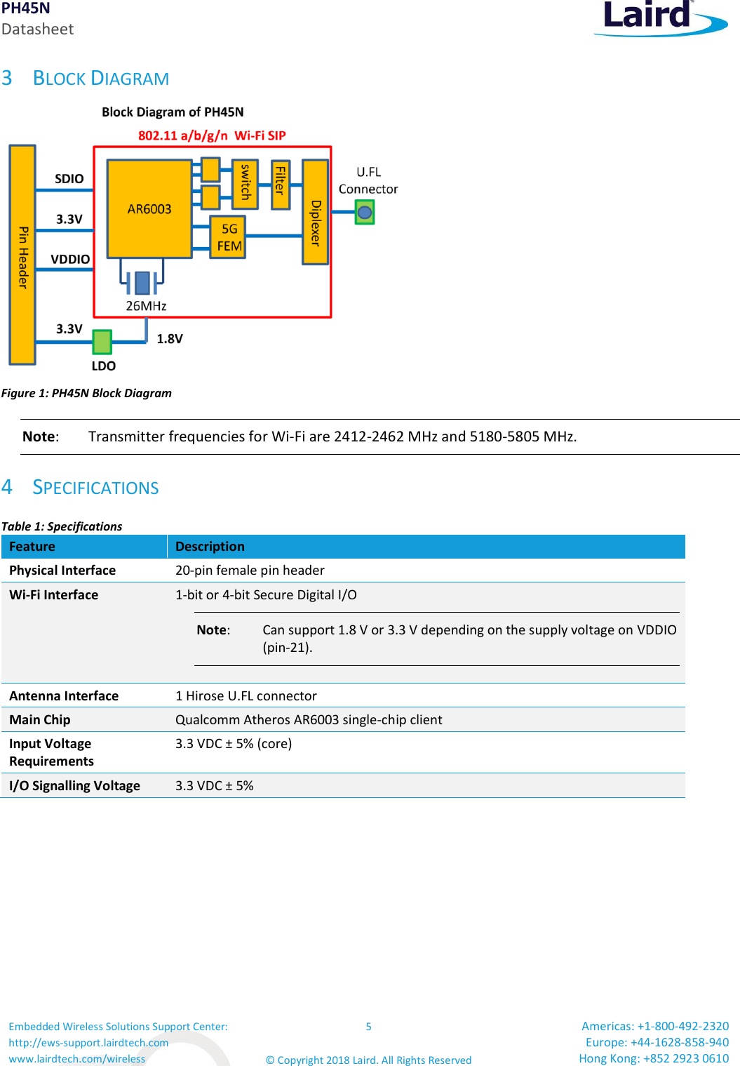 PH45N Datasheet Embedded Wireless Solutions Support Center: http://ews-support.lairdtech.com www.lairdtech.com/wireless 5 © Copyright 2018 Laird. All Rights Reserved Americas: +1-800-492-2320 Europe: +44-1628-858-940 Hong Kong: +852 2923 0610  3 BLOCK DIAGRAM  Figure 1: PH45N Block Diagram Note:   Transmitter frequencies for Wi-Fi are 2412-2462 MHz and 5180-5805 MHz. 4 SPECIFICATIONS Table 1: Specifications Feature Description Physical Interface 20-pin female pin header Wi-Fi Interface 1-bit or 4-bit Secure Digital I/O  Note:   Can support 1.8 V or 3.3 V depending on the supply voltage on VDDIO (pin-21). Antenna Interface 1 Hirose U.FL connector  Main Chip Qualcomm Atheros AR6003 single-chip client  Input Voltage Requirements 3.3 VDC ± 5% (core) I/O Signalling Voltage 3.3 VDC ± 5% 