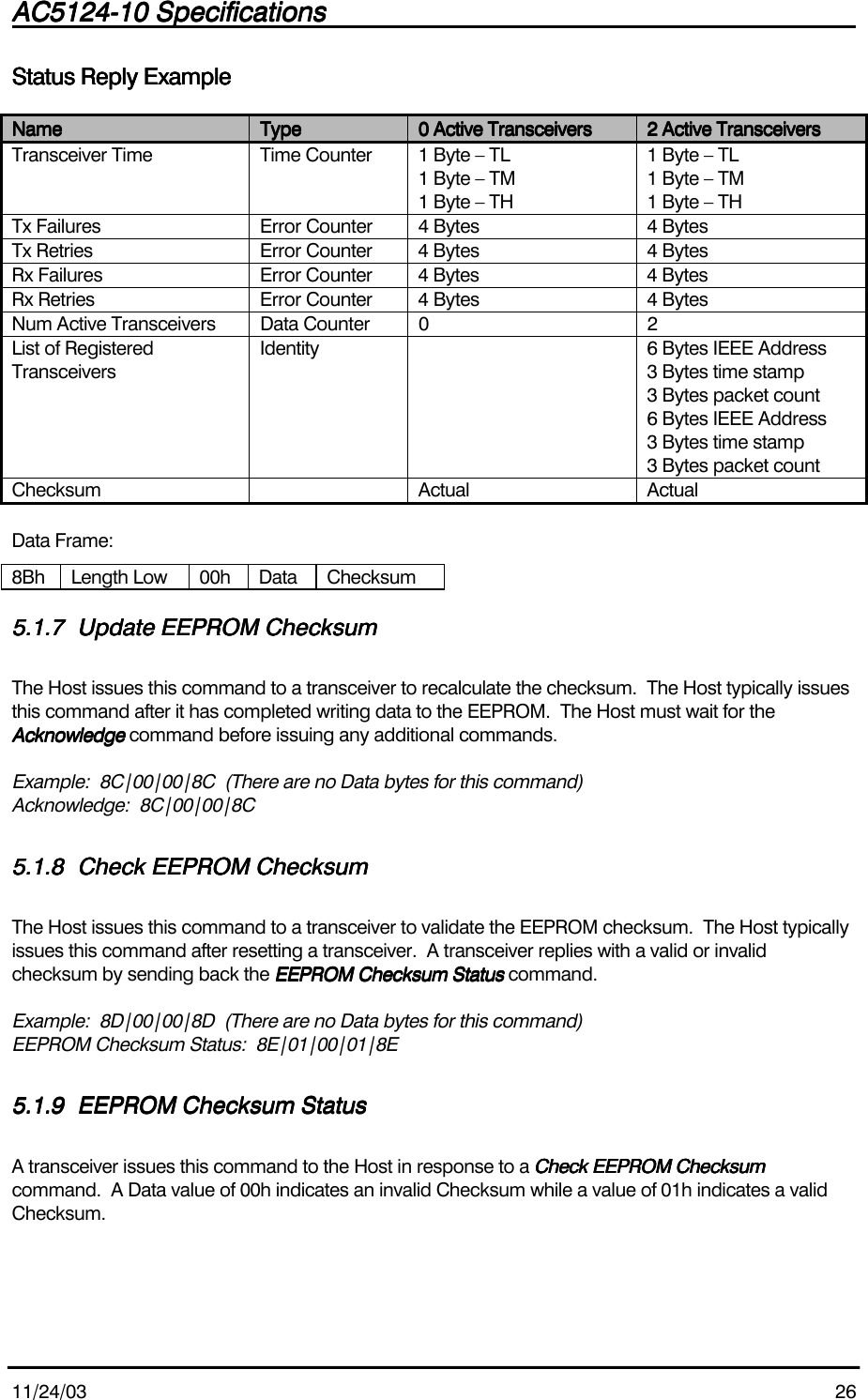 AC5124-10 SpecificationsAC5124-10 SpecificationsAC5124-10 SpecificationsAC5124-10 Specifications                                                                                                                                                                                                                                                                                                11/24/03 26Status Reply ExampleStatus Reply ExampleStatus Reply ExampleStatus Reply ExampleNameNameNameName TypeTypeTypeType 0 Active Transceivers0 Active Transceivers0 Active Transceivers0 Active Transceivers 2 Active Transceivers2 Active Transceivers2 Active Transceivers2 Active TransceiversTransceiver Time Time Counter 1 Byte – TL1 Byte – TM1 Byte – TH1 Byte – TL1 Byte – TM1 Byte – THTx Failures Error Counter 4 Bytes 4 BytesTx Retries Error Counter 4 Bytes 4 BytesRx Failures Error Counter 4 Bytes 4 BytesRx Retries Error Counter 4 Bytes 4 BytesNum Active Transceivers Data Counter 0 2List of RegisteredTransceiversIdentity 6 Bytes IEEE Address3 Bytes time stamp3 Bytes packet count6 Bytes IEEE Address3 Bytes time stamp3 Bytes packet countChecksum Actual ActualData Frame:8Bh Length Low 00h Data Checksum5.1.75.1.75.1.75.1.7 Update EEPROM ChecksumUpdate EEPROM ChecksumUpdate EEPROM ChecksumUpdate EEPROM ChecksumThe Host issues this command to a transceiver to recalculate the checksum.  The Host typically issuesthis command after it has completed writing data to the EEPROM.  The Host must wait for theAcknowledgeAcknowledgeAcknowledgeAcknowledge command before issuing any additional commands.Example:  8C|00|00|8C  (There are no Data bytes for this command)Acknowledge:  8C|00|00|8C5.1.85.1.85.1.85.1.8 Check EEPROM ChecksumCheck EEPROM ChecksumCheck EEPROM ChecksumCheck EEPROM ChecksumThe Host issues this command to a transceiver to validate the EEPROM checksum.  The Host typicallyissues this command after resetting a transceiver.  A transceiver replies with a valid or invalidchecksum by sending back the EEPROM Checksum StatusEEPROM Checksum StatusEEPROM Checksum StatusEEPROM Checksum Status command.Example:  8D|00|00|8D  (There are no Data bytes for this command)EEPROM Checksum Status:  8E|01|00|01|8E5.1.95.1.95.1.95.1.9 EEPROM Checksum StatusEEPROM Checksum StatusEEPROM Checksum StatusEEPROM Checksum StatusA transceiver issues this command to the Host in response to a Check EEPROM ChecksumCheck EEPROM ChecksumCheck EEPROM ChecksumCheck EEPROM Checksumcommand.  A Data value of 00h indicates an invalid Checksum while a value of 01h indicates a validChecksum.