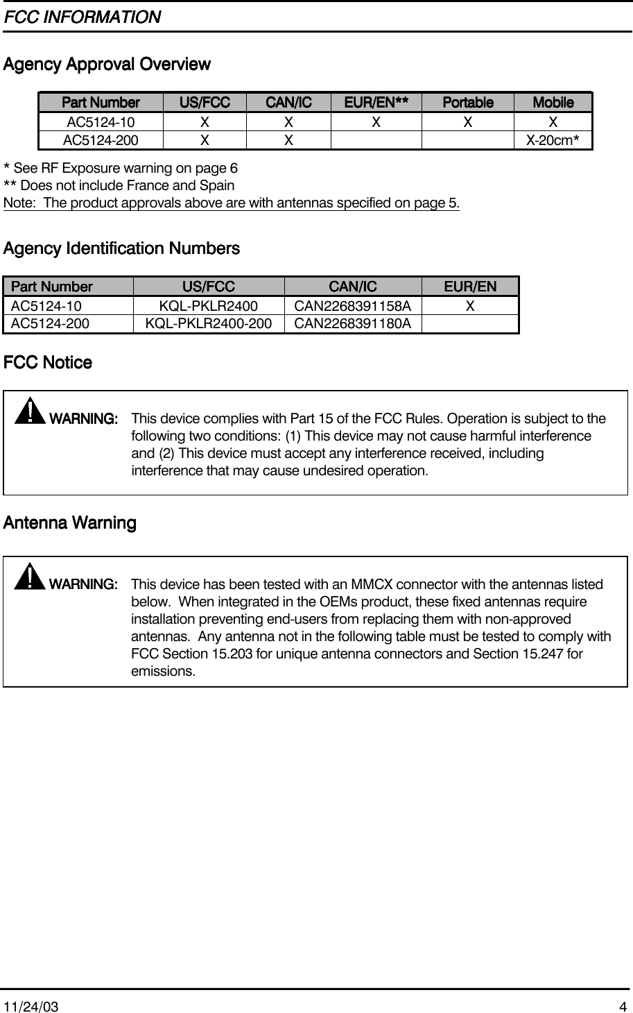 11/24/03 4FCC INFORMATIONFCC INFORMATIONFCC INFORMATIONFCC INFORMATIONAgency Approval OverviewAgency Approval OverviewAgency Approval OverviewAgency Approval OverviewPart NumberPart NumberPart NumberPart Number US/FCCUS/FCCUS/FCCUS/FCC CAN/ICCAN/ICCAN/ICCAN/IC EUR/EN**EUR/EN**EUR/EN**EUR/EN** PortablePortablePortablePortable MobileMobileMobileMobileAC5124-10 X X X X XAC5124-200 X X X-20cm** See RF Exposure warning on page 6** Does not include France and SpainNote:  The product approvals above are with antennas specified on page 5.Agency Identification NumbersAgency Identification NumbersAgency Identification NumbersAgency Identification NumbersPart NumberPart NumberPart NumberPart Number US/FCCUS/FCCUS/FCCUS/FCC CAN/ICCAN/ICCAN/ICCAN/IC EUR/ENEUR/ENEUR/ENEUR/ENAC5124-10 KQL-PKLR2400 CAN2268391158A XAC5124-200 KQL-PKLR2400-200 CAN2268391180AFCC NoticeFCC NoticeFCC NoticeFCC NoticeAntenna WarningAntenna WarningAntenna WarningAntenna Warning WARNING: WARNING: WARNING: WARNING: This device complies with Part 15 of the FCC Rules. Operation is subject to thefollowing two conditions: (1) This device may not cause harmful interferenceand (2) This device must accept any interference received, includinginterference that may cause undesired operation. WARNING: WARNING: WARNING: WARNING: This device has been tested with an MMCX connector with the antennas listedbelow.  When integrated in the OEMs product, these fixed antennas requireinstallation preventing end-users from replacing them with non-approvedantennas.  Any antenna not in the following table must be tested to comply withFCC Section 15.203 for unique antenna connectors and Section 15.247 foremissions.