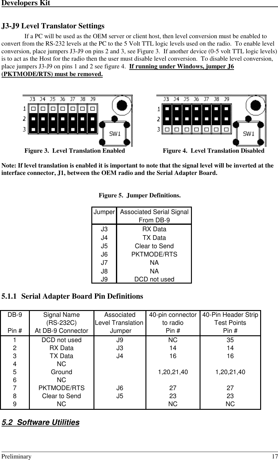 Developers Kit                                                                                                                                                                                                                                                                                                   Preliminary 17J3-J9 Level Translator SettingsIf a PC will be used as the OEM server or client host, then level conversion must be enabled toconvert from the RS-232 levels at the PC to the 5 Volt TTL logic levels used on the radio.  To enable levelconversion, place jumpers J3-J9 on pins 2 and 3, see Figure 3.  If another device (0-5 volt TTL logic levels)is to act as the Host for the radio then the user must disable level conversion.  To disable level conversion,place jumpers J3-J9 on pins 1 and 2 see figure 4.  If running under Windows, jumper J6(PKTMODE/RTS) must be removed.Figure 3.  Level Translation Enabled Figure 4.  Level Translation DisabledNote: If level translation is enabled it is important to note that the signal level will be inverted at theinterface connector, J1, between the OEM radio and the Serial Adapter Board.Figure 5.  Jumper Definitions.5.1.1 Serial Adapter Board Pin DefinitionsDB-9 Signal Name Associated 40-pin connector 40-Pin Header Strip(RS-232C) Level Translation to radio Test PointsPin # At DB-9 Connector  Jumper Pin # Pin #1 DCD not used J9 NC 352 RX Data J3 14 143 TX Data J4 16 164NC5 Ground 1,20,21,40 1,20,21,406NC7 PKTMODE/RTS J6 27 278 Clear to Send J5 23 239NC NC NC5.2 Software UtilitiesJumper Associated Serial SignalFrom DB-9J3 RX DataJ4 TX DataJ5 Clear to SendJ6 PKTMODE/RTSJ7 NAJ8 NAJ9 DCD not used