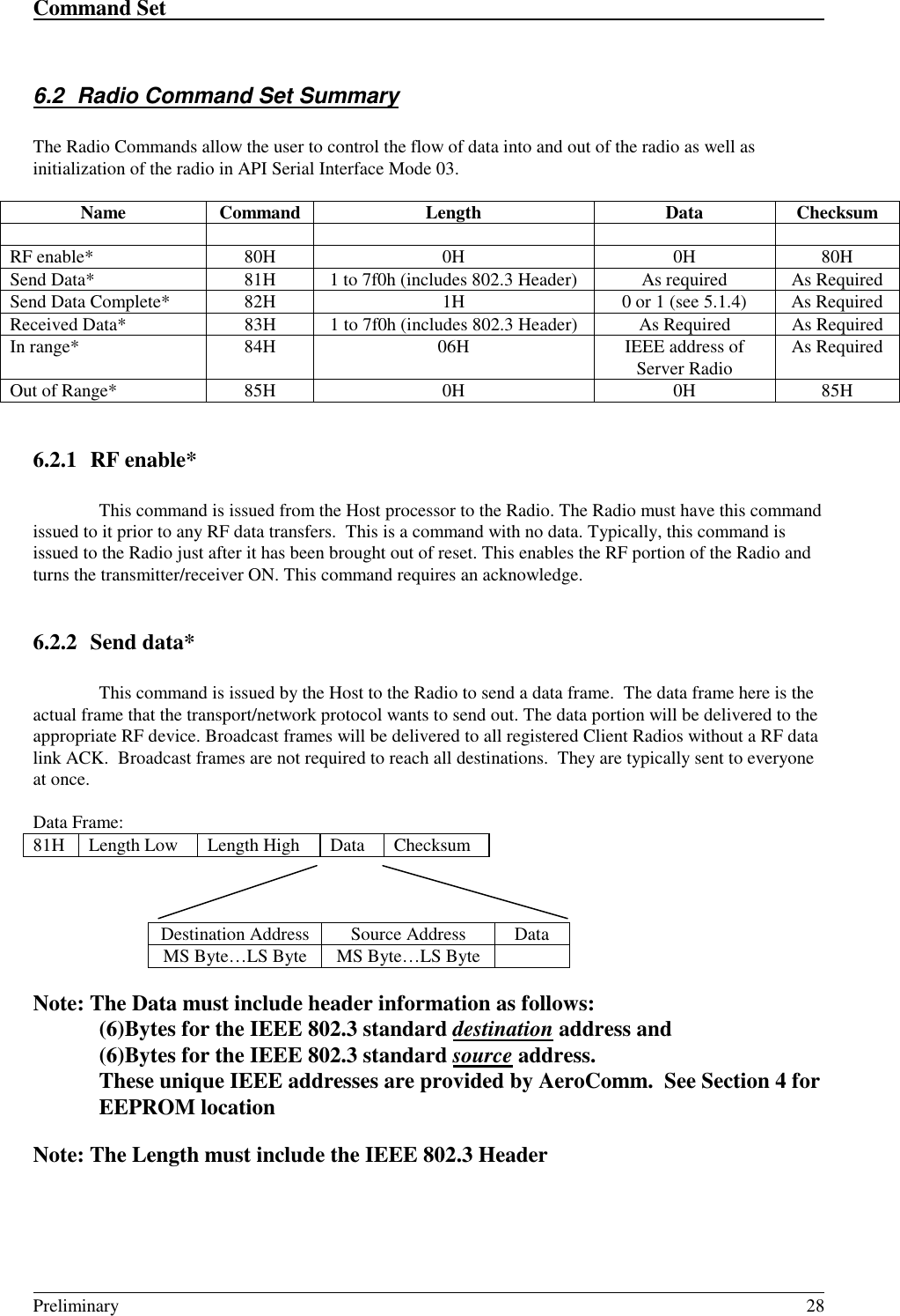 Command Set                                                                                                                                                                                                                                                                                                    Preliminary 286.2  Radio Command Set SummaryThe Radio Commands allow the user to control the flow of data into and out of the radio as well asinitialization of the radio in API Serial Interface Mode 03.Name Command Length Data ChecksumRF enable* 80H 0H 0H 80HSend Data* 81H 1 to 7f0h (includes 802.3 Header) As required As RequiredSend Data Complete* 82H 1H 0 or 1 (see 5.1.4) As RequiredReceived Data* 83H 1 to 7f0h (includes 802.3 Header) As Required As RequiredIn range* 84H 06H IEEE address ofServer Radio As RequiredOut of Range* 85H 0H 0H 85H6.2.1 RF enable*This command is issued from the Host processor to the Radio. The Radio must have this commandissued to it prior to any RF data transfers.  This is a command with no data. Typically, this command isissued to the Radio just after it has been brought out of reset. This enables the RF portion of the Radio andturns the transmitter/receiver ON. This command requires an acknowledge.6.2.2 Send data*This command is issued by the Host to the Radio to send a data frame.  The data frame here is theactual frame that the transport/network protocol wants to send out. The data portion will be delivered to theappropriate RF device. Broadcast frames will be delivered to all registered Client Radios without a RF datalink ACK.  Broadcast frames are not required to reach all destinations.  They are typically sent to everyoneat once.Data Frame:81H Length Low Length High Data ChecksumDestination Address Source Address DataMS Byte…LS Byte MS Byte…LS ByteNote: The Data must include header information as follows:(6)Bytes for the IEEE 802.3 standard destination address and(6)Bytes for the IEEE 802.3 standard source address.These unique IEEE addresses are provided by AeroComm.  See Section 4 forEEPROM locationNote: The Length must include the IEEE 802.3 Header