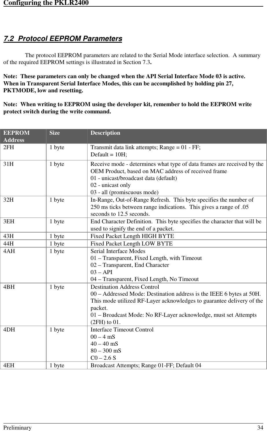 Configuring the PKLR2400                                                                                                                                                                                                                                                                             Preliminary 347.2  Protocol EEPROM ParametersThe protocol EEPROM parameters are related to the Serial Mode interface selection.  A summaryof the required EEPROM settings is illustrated in Section 7.3.Note:  These parameters can only be changed when the API Serial Interface Mode 03 is active.When in Transparent Serial Interface Modes, this can be accomplished by holding pin 27,PKTMODE, low and resetting.Note:  When writing to EEPROM using the developer kit, remember to hold the EEPROM writeprotect switch during the write command.EEPROMAddress Size Description2FH 1 byte Transmit data link attempts; Range = 01 - FF;Default = 10H;31H 1 byte Receive mode - determines what type of data frames are received by theOEM Product, based on MAC address of received frame01 - unicast/broadcast data (default)02 - unicast only03 - all (promiscuous mode)32H 1 byte In-Range, Out-of-Range Refresh.  This byte specifies the number of250 ms ticks between range indications.  This gives a range of .05seconds to 12.5 seconds.3EH 1 byte End Character Definition.  This byte specifies the character that will beused to signify the end of a packet.43H 1 byte Fixed Packet Length HIGH BYTE44H 1 byte Fixed Packet Length LOW BYTE4AH 1 byte Serial Interface Modes01 – Transparent, Fixed Length, with Timeout02 – Transparent, End Character03 – API04 – Transparent, Fixed Length, No Timeout4BH 1 byte Destination Address Control00 – Addressed Mode: Destination address is the IEEE 6 bytes at 50H.This mode utilized RF-Layer acknowledges to guarantee delivery of thepacket.01 – Broadcast Mode: No RF-Layer acknowledge, must set Attempts(2FH) to 01.4DH 1 byte Interface Timeout Control00 – 4 mS40 – 40 mS80 – 300 mSC0 – 2.6 S4EH 1 byte Broadcast Attempts; Range 01-FF; Default 04