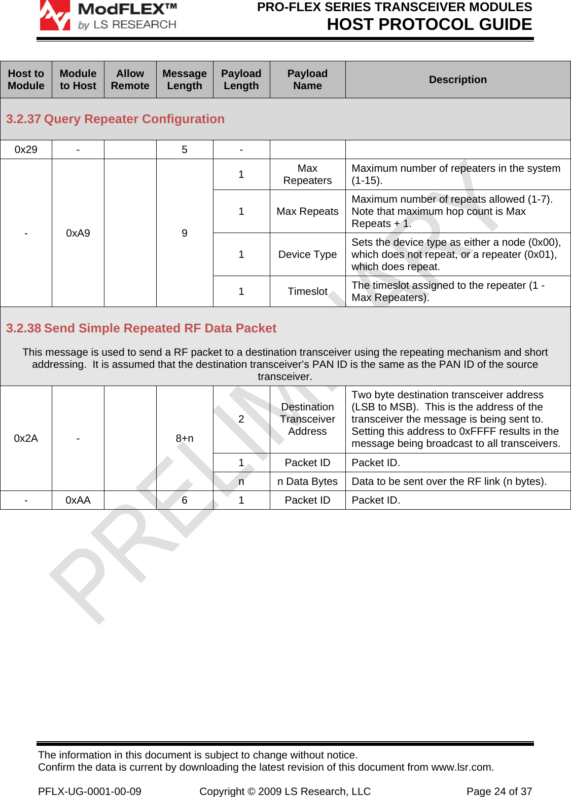 PRO-FLEX SERIES TRANSCEIVER MODULES HOST PROTOCOL GUIDE The information in this document is subject to change without notice. Confirm the data is current by downloading the latest revision of this document from www.lsr.com.  PFLX-UG-0001-00-09  Copyright © 2009 LS Research, LLC  Page 24 of 37 Host to Module  Module to Host  Allow Remote  Message Length  Payload Length  Payload Name  Description 3.2.37 Query Repeater Configuration 0x29 -    5  -     - 0xA9    9 1  Max Repeaters  Maximum number of repeaters in the system (1-15). 1 Max Repeats Maximum number of repeats allowed (1-7).  Note that maximum hop count is Max Repeats + 1. 1 Device Type Sets the device type as either a node (0x00), which does not repeat, or a repeater (0x01), which does repeat. 1 Timeslot The timeslot assigned to the repeater (1 - Max Repeaters). 3.2.38 Send Simple Repeated RF Data Packet This message is used to send a RF packet to a destination transceiver using the repeating mechanism and short addressing.  It is assumed that the destination transceiver’s PAN ID is the same as the PAN ID of the source transceiver. 0x2A -    8+n 2  Destination Transceiver Address Two byte destination transceiver address (LSB to MSB).  This is the address of the transceiver the message is being sent to.  Setting this address to 0xFFFF results in the message being broadcast to all transceivers. 1  Packet ID  Packet ID. n  n Data Bytes  Data to be sent over the RF link (n bytes). -  0xAA    6  1  Packet ID  Packet ID. 