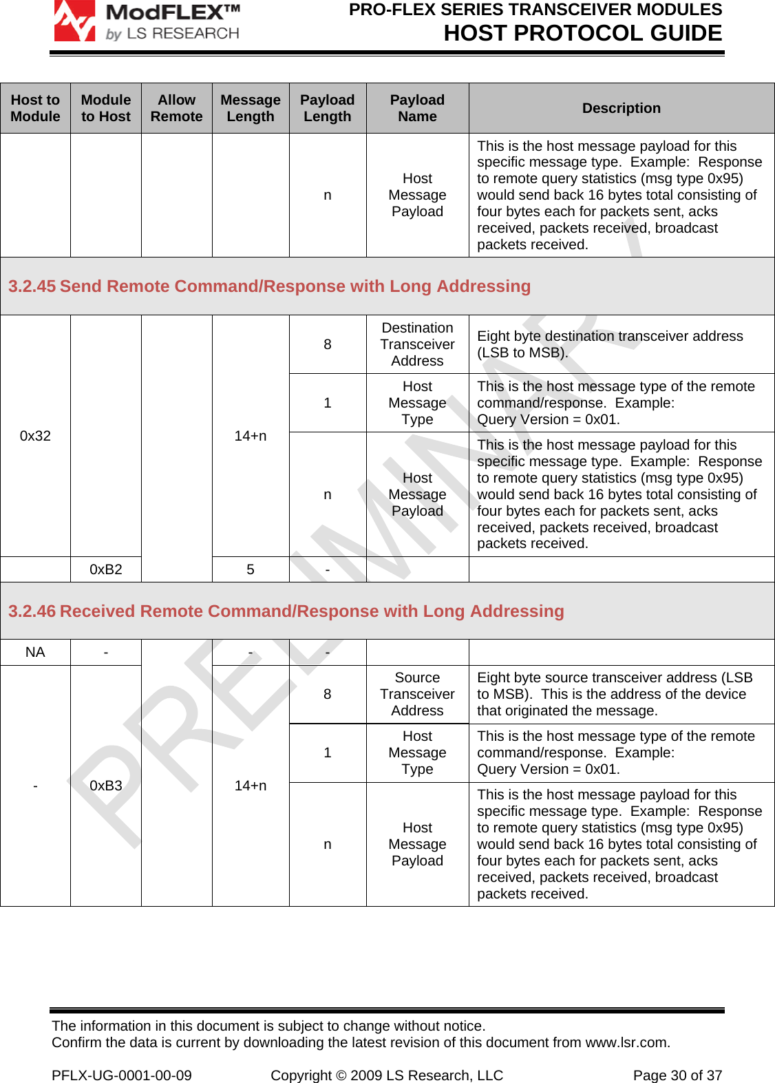 PRO-FLEX SERIES TRANSCEIVER MODULES HOST PROTOCOL GUIDE The information in this document is subject to change without notice. Confirm the data is current by downloading the latest revision of this document from www.lsr.com.  PFLX-UG-0001-00-09  Copyright © 2009 LS Research, LLC  Page 30 of 37 Host to Module  Module to Host  Allow Remote  Message Length  Payload Length  Payload Name  Description n  Host Message Payload This is the host message payload for this specific message type.  Example:  Response to remote query statistics (msg type 0x95) would send back 16 bytes total consisting of four bytes each for packets sent, acks received, packets received, broadcast packets received. 3.2.45 Send Remote Command/Response with Long Addressing 0x32    14+n 8  Destination Transceiver Address Eight byte destination transceiver address (LSB to MSB). 1  Host Message Type This is the host message type of the remote command/response.  Example: Query Version = 0x01. n  Host Message Payload This is the host message payload for this specific message type.  Example:  Response to remote query statistics (msg type 0x95) would send back 16 bytes total consisting of four bytes each for packets sent, acks received, packets received, broadcast packets received.  0xB2  5  -     3.2.46 Received Remote Command/Response with Long Addressing NA -  - -    - 0xB3  14+n 8  Source Transceiver Address Eight byte source transceiver address (LSB to MSB).  This is the address of the device that originated the message. 1  Host Message Type This is the host message type of the remote command/response.  Example: Query Version = 0x01. n  Host Message Payload This is the host message payload for this specific message type.  Example:  Response to remote query statistics (msg type 0x95) would send back 16 bytes total consisting of four bytes each for packets sent, acks received, packets received, broadcast packets received. 