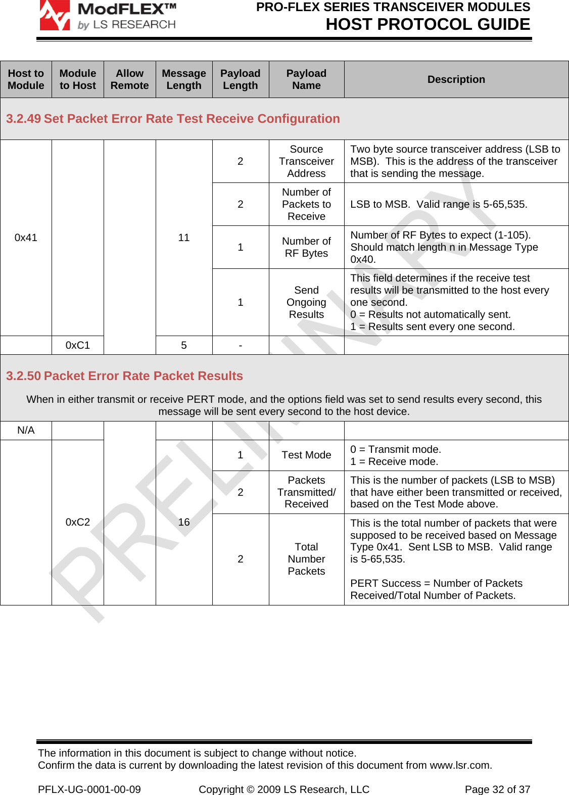 PRO-FLEX SERIES TRANSCEIVER MODULES HOST PROTOCOL GUIDE The information in this document is subject to change without notice. Confirm the data is current by downloading the latest revision of this document from www.lsr.com.  PFLX-UG-0001-00-09  Copyright © 2009 LS Research, LLC  Page 32 of 37 Host to Module  Module to Host  Allow Remote  Message Length  Payload Length  Payload Name  Description 3.2.49 Set Packet Error Rate Test Receive Configuration 0x41    11 2  Source Transceiver Address Two byte source transceiver address (LSB to MSB).  This is the address of the transceiver that is sending the message. 2  Number of Packets to Receive  LSB to MSB.  Valid range is 5-65,535.  1  Number of RF Bytes Number of RF Bytes to expect (1-105).  Should match length n in Message Type 0x40. 1  Send Ongoing Results This field determines if the receive test results will be transmitted to the host every one second. 0 = Results not automatically sent. 1 = Results sent every one second.  0xC1  5  -     3.2.50 Packet Error Rate Packet Results When in either transmit or receive PERT mode, and the options field was set to send results every second, this message will be sent every second to the host device. N/A         0xC2  16 1 Test Mode 0 = Transmit mode. 1 = Receive mode. 2  Packets Transmitted/ Received This is the number of packets (LSB to MSB) that have either been transmitted or received, based on the Test Mode above. 2  Total Number Packets This is the total number of packets that were supposed to be received based on Message Type 0x41.  Sent LSB to MSB.  Valid range is 5-65,535.  PERT Success = Number of Packets Received/Total Number of Packets. 