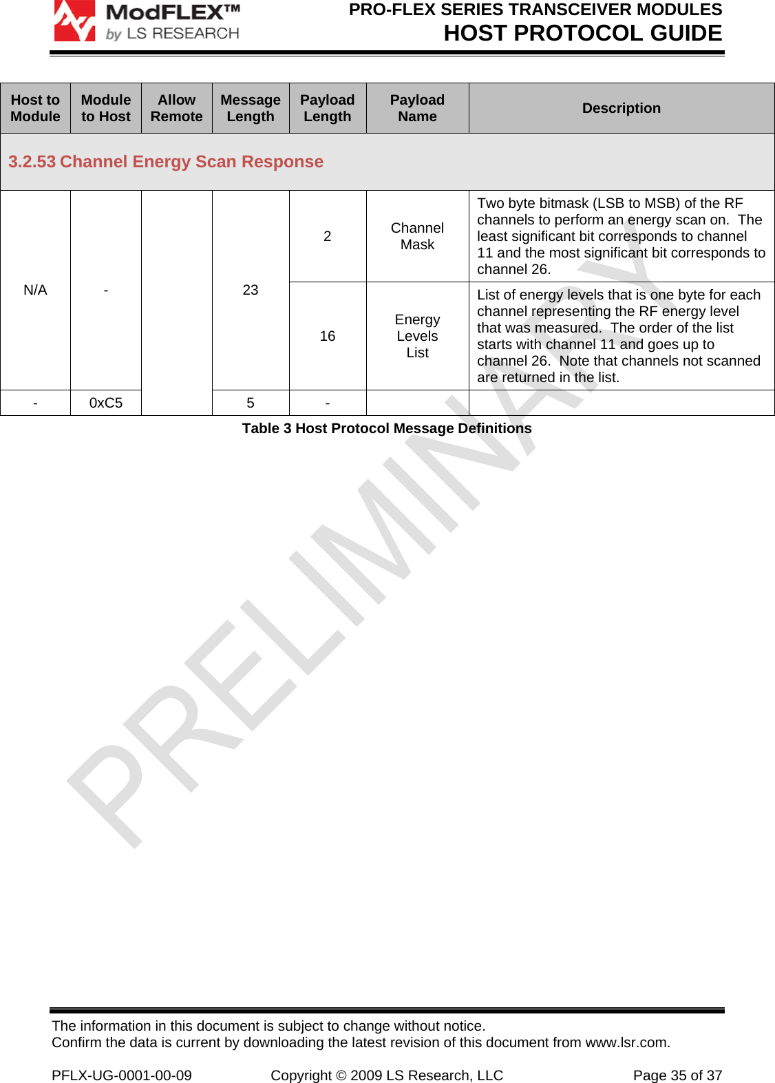 PRO-FLEX SERIES TRANSCEIVER MODULES HOST PROTOCOL GUIDE The information in this document is subject to change without notice. Confirm the data is current by downloading the latest revision of this document from www.lsr.com.  PFLX-UG-0001-00-09  Copyright © 2009 LS Research, LLC  Page 35 of 37 Host to Module  Module to Host  Allow Remote  Message Length  Payload Length  Payload Name  Description 3.2.53 Channel Energy Scan Response N/A -   23 2  Channel Mask Two byte bitmask (LSB to MSB) of the RF channels to perform an energy scan on.  The least significant bit corresponds to channel 11 and the most significant bit corresponds to channel 26. 16  Energy Levels List List of energy levels that is one byte for each channel representing the RF energy level that was measured.  The order of the list starts with channel 11 and goes up to channel 26.  Note that channels not scanned are returned in the list. - 0xC5  5  -     Table 3 Host Protocol Message Definitions 