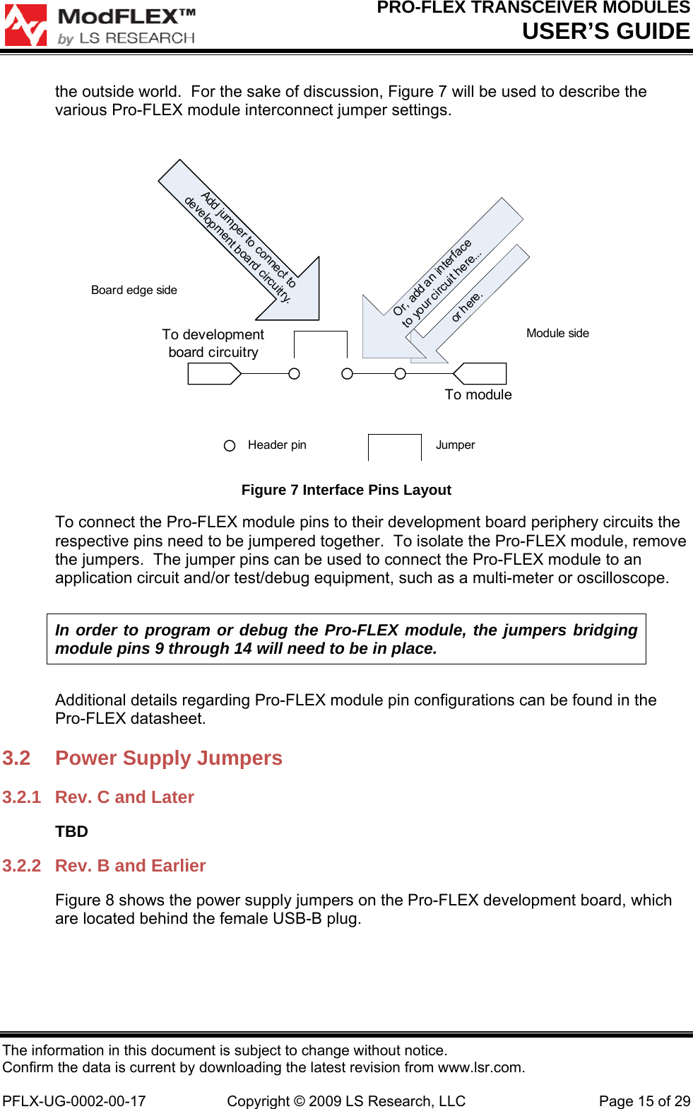 PRO-FLEX TRANSCEIVER MODULES USER’S GUIDE The information in this document is subject to change without notice. Confirm the data is current by downloading the latest revision from www.lsr.com.  PFLX-UG-0002-00-17  Copyright © 2009 LS Research, LLC  Page 15 of 29 the outside world.  For the sake of discussion, Figure 7 will be used to describe the various Pro-FLEX module interconnect jumper settings. To developmentboard circuitryTo moduleAdd jumper to connect to development board circuitry.Board edge sideModule sideor here.Header pinOr, add an interfaceto your circuit here...Jumper Figure 7 Interface Pins Layout To connect the Pro-FLEX module pins to their development board periphery circuits the respective pins need to be jumpered together.  To isolate the Pro-FLEX module, remove the jumpers.  The jumper pins can be used to connect the Pro-FLEX module to an application circuit and/or test/debug equipment, such as a multi-meter or oscilloscope. In order to program or debug the Pro-FLEX module, the jumpers bridging module pins 9 through 14 will need to be in place. Additional details regarding Pro-FLEX module pin configurations can be found in the Pro-FLEX datasheet. 3.2  Power Supply Jumpers 3.2.1  Rev. C and Later TBD 3.2.2  Rev. B and Earlier Figure 8 shows the power supply jumpers on the Pro-FLEX development board, which are located behind the female USB-B plug. 