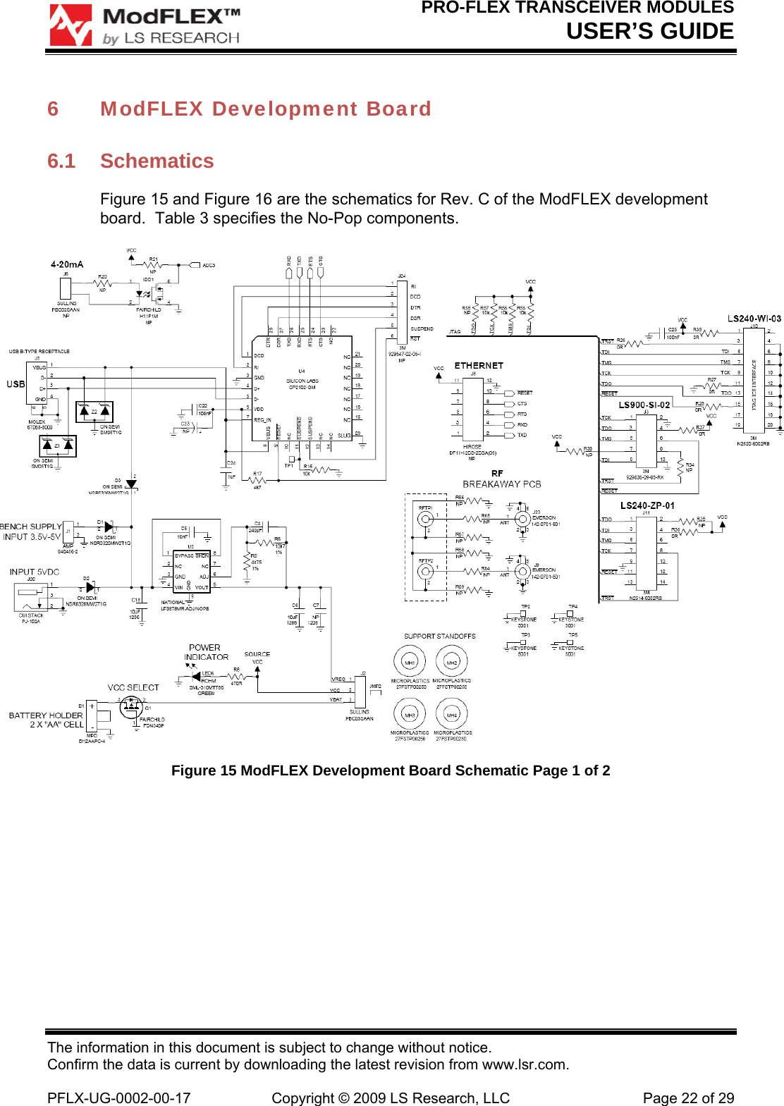 PRO-FLEX TRANSCEIVER MODULES USER’S GUIDE The information in this document is subject to change without notice. Confirm the data is current by downloading the latest revision from www.lsr.com.  PFLX-UG-0002-00-17  Copyright © 2009 LS Research, LLC  Page 22 of 29 6 ModFLEX Development Board 6.1 Schematics Figure 15 and Figure 16 are the schematics for Rev. C of the ModFLEX development board.  Table 3 specifies the No-Pop components.  Figure 15 ModFLEX Development Board Schematic Page 1 of 2 