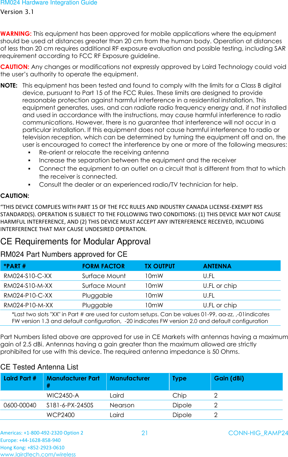 RM024 Hardware Integration Guide Version 3.1 Americas: +1-800-492-2320 Option 2 Europe: +44-1628-858-940 Hong Kong: +852-2923-0610 www.lairdtech.com/wireless 21 CONN-HIG_RAMP24  WARNING: This equipment has been approved for mobile applications where the equipment should be used at distances greater than 20 cm from the human body. Operation at distances of less than 20 cm requires additional RF exposure evaluation and possible testing, including SAR requirement according to FCC RF Exposure guideline. CAUTION: Any changes or modifications not expressly approved by Laird Technology could void the user’s authority to operate the equipment. NOTE:   This equipment has been tested and found to comply with the limits for a Class B digital device, pursuant to Part 15 of the FCC Rules. These limits are designed to provide reasonable protection against harmful interference in a residential installation. This equipment generates, uses, and can radiate radio frequency energy and, if not installed and used in accordance with the instructions, may cause harmful interference to radio communications. However, there is no guarantee that interference will not occur in a particular installation. If this equipment does not cause harmful interference to radio or television reception, which can be determined by turning the equipment off and on, the user is encouraged to correct the interference by one or more of the following measures:  Re-orient or relocate the receiving antenna  Increase the separation between the equipment and the receiver  Connect the equipment to an outlet on a circuit that is different from that to which the receiver is connected.  Consult the dealer or an experienced radio/TV technician for help. CAUTION: “THIS DEVICE COMPLIES WITH PART 15 OF THE FCC RULES AND INDUSTRY CANADA LICENSE-EXEMPT RSS STANDARD(S). OPERATION IS SUBJECT TO THE FOLLOWING TWO CONDITIONS: (1) THIS DEVICE MAY NOT CAUSE HARMFUL INTERFERENCE, AND (2) THIS DEVICE MUST ACCEPT ANY INTERFERENCE RECEIVED, INCLUDING INTERFERENCE THAT MAY CAUSE UNDESIRED OPERATION. CE Requirements for Modular Approval RM024 Part Numbers approved for CE *PART # FORM FACTOR TX OUTPUT ANTENNA   RM024-S10-C-XX Surface Mount 10mW U.FL   RM024-S10-M-XX Surface Mount 10mW U.FL or chip   RM024-P10-C-XX Pluggable 10mW U.FL   RM024-P10-M-XX Pluggable 10mW U.FL or chip    *Last two slots &quot;XX&quot; in Part # are used for custom setups. Can be values 01-99, aa-zz, ,-01indicates FW version 1.3 and default configuration,  -20 indicates FW version 2.0 and default configuration Part Numbers listed above are approved for use in CE Markets with antennas having a maximum gain of 2.5 dBi. Antennas having a gain greater than the maximum allowed are strictly prohibited for use with this device. The required antenna impedance is 50 Ohms. CE Tested Antenna List Laird Part # Manufacturer Part # Manufacturer Type Gain (dBi)  WIC2450-A Laird  Chip 2 0600-00040 S181-6-PX-2450S Nearson Dipole 2  WCP2400 Laird  Dipole 2 