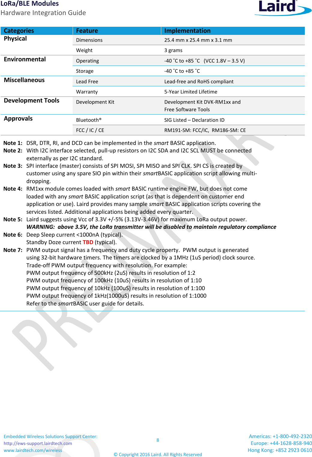 LoRa/BLE Modules Hardware Integration Guide Embedded Wireless Solutions Support Center: http://ews-support.lairdtech.com www.lairdtech.com/wireless 8 © Copyright 2016 Laird. All Rights Reserved Americas: +1-800-492-2320 Europe: +44-1628-858-940 Hong Kong: +852 2923 0610  Categories Feature Implementation Physical Dimensions 25.4 mm x 25.4 mm x 3.1 mm  Weight 3 grams Environmental Operating -40 ˚C to +85 ˚C   (VCC 1.8V – 3.5 V) Storage -40 ˚C to +85 ˚C Miscellaneous Lead Free Lead-free and RoHS compliant Warranty 5-Year Limited Lifetime Development Tools Development Kit Development Kit DVK-RM1xx and  Free Software Tools Approvals Bluetooth® SIG Listed – Declaration ID FCC / IC / CE  RM191-SM: FCC/IC,  RM186-SM: CE Note 1:  DSR, DTR, RI, and DCD can be implemented in the smart BASIC application.                           Note 2:   With I2C interface selected, pull-up resistors on I2C SDA and I2C SCL MUST be connected    externally as per I2C standard.   Note 3:   SPI interface (master) consists of SPI MOSI, SPI MISO and SPI CLK. SPI CS is created by      customer using any spare SIO pin within their smartBASIC application script allowing multi-   dropping.                                          Note 4:   RM1xx module comes loaded with smart BASIC runtime engine FW, but does not come      loaded with any smart BASIC application script (as that is dependent on customer end      application or use). Laird provides many sample smart BASIC application scripts covering the    services listed. Additional applications being added every quarter.   Note 5:   Laird suggests using Vcc of 3.3V +/-5% (3.13V-3.46V) for maximum LoRa output power.    WARNING:  above 3.5V, the LoRa transmitter will be disabled to maintain regulatory compliance Note 6:   Deep Sleep current &lt;1000nA (typical).                           Standby Doze current TBD (typical).   Note 7:   PWM output signal has a frequency and duty cycle property.  PWM output is generated     using 32-bit hardware timers. The timers are clocked by a 1MHz (1uS period) clock source.     Trade-off PWM output frequency with resolution. For example:                                                                                       PWM output frequency of 500kHz (2uS) results in resolution of 1:2                                           PWM output frequency of 100kHz (10uS) results in resolution of 1:10                                         PWM output frequency of 10kHz (100uS) results in resolution of 1:100                                    PWM output frequency of 1kHz(1000uS) results in resolution of 1:1000                                   Refer to the smartBASIC user guide for details. 