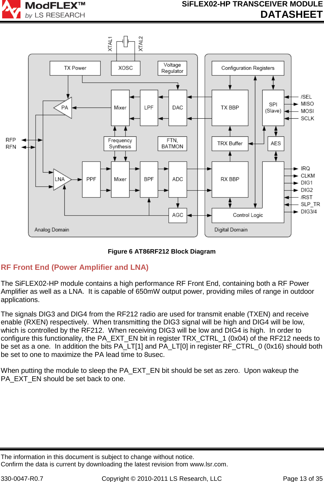 SiFLEX02-HP TRANSCEIVER MODULE DATASHEET The information in this document is subject to change without notice. Confirm the data is current by downloading the latest revision from www.lsr.com.  330-0047-R0.7  Copyright © 2010-2011 LS Research, LLC Page 13 of 35  Figure 6 AT86RF212 Block Diagram RF Front End (Power Amplifier and LNA) The SiFLEX02-HP module contains a high performance RF Front End, containing both a RF Power Amplifier as well as a LNA.  It is capable of 650mW output power, providing miles of range in outdoor applications. The signals DIG3 and DIG4 from the RF212 radio are used for transmit enable (TXEN) and receive enable (RXEN) respectively.  When transmitting the DIG3 signal will be high and DIG4 will be low, which is controlled by the RF212.  When receiving DIG3 will be low and DIG4 is high.  In order to configure this functionality, the PA_EXT_EN bit in register TRX_CTRL_1 (0x04) of the RF212 needs to be set as a one.  In addition the bits PA_LT[1] and PA_LT[0] in register RF_CTRL_0 (0x16) should both be set to one to maximize the PA lead time to 8usec.  When putting the module to sleep the PA_EXT_EN bit should be set as zero.  Upon wakeup the PA_EXT_EN should be set back to one.   