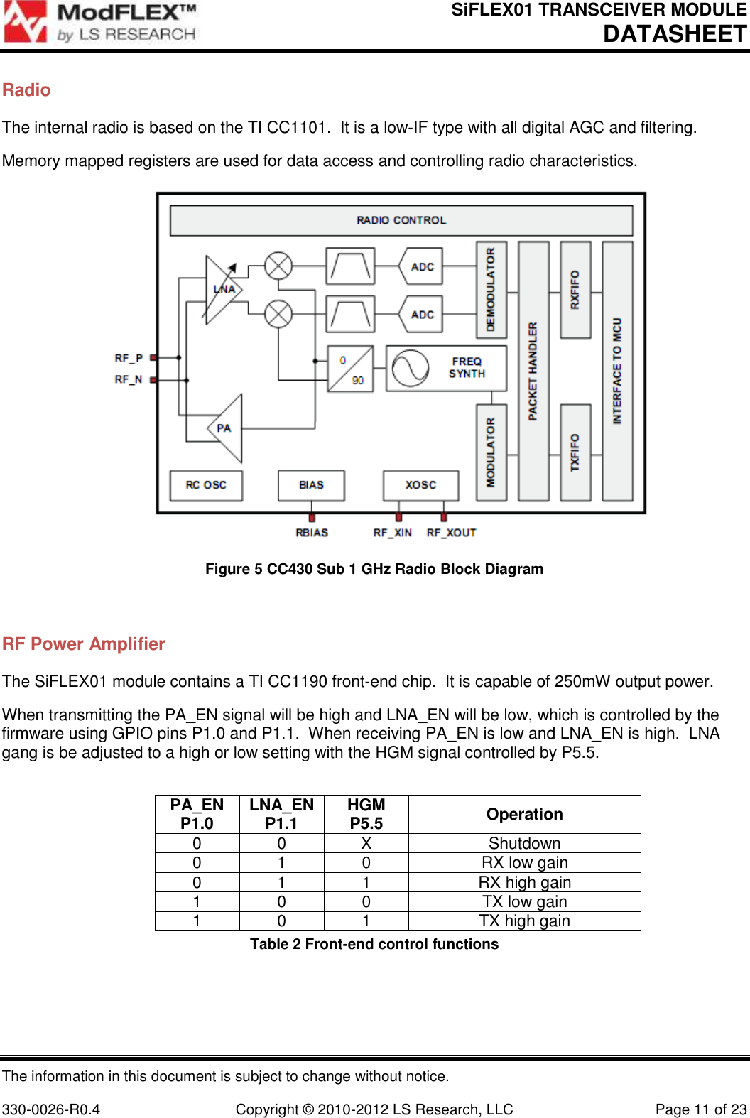 SiFLEX01 TRANSCEIVER MODULE DATASHEET The information in this document is subject to change without notice.  330-0026-R0.4  Copyright © 2010-2012 LS Research, LLC  Page 11 of 23 Radio The internal radio is based on the TI CC1101.  It is a low-IF type with all digital AGC and filtering. Memory mapped registers are used for data access and controlling radio characteristics.  Figure 5 CC430 Sub 1 GHz Radio Block Diagram  RF Power Amplifier The SiFLEX01 module contains a TI CC1190 front-end chip.  It is capable of 250mW output power. When transmitting the PA_EN signal will be high and LNA_EN will be low, which is controlled by the firmware using GPIO pins P1.0 and P1.1.  When receiving PA_EN is low and LNA_EN is high.  LNA gang is be adjusted to a high or low setting with the HGM signal controlled by P5.5.  PA_EN P1.0 LNA_EN P1.1 HGM P5.5 Operation 0 0 X Shutdown 0 1 0 RX low gain 0 1 1 RX high gain 1 0 0 TX low gain 1 0 1 TX high gain Table 2 Front-end control functions   