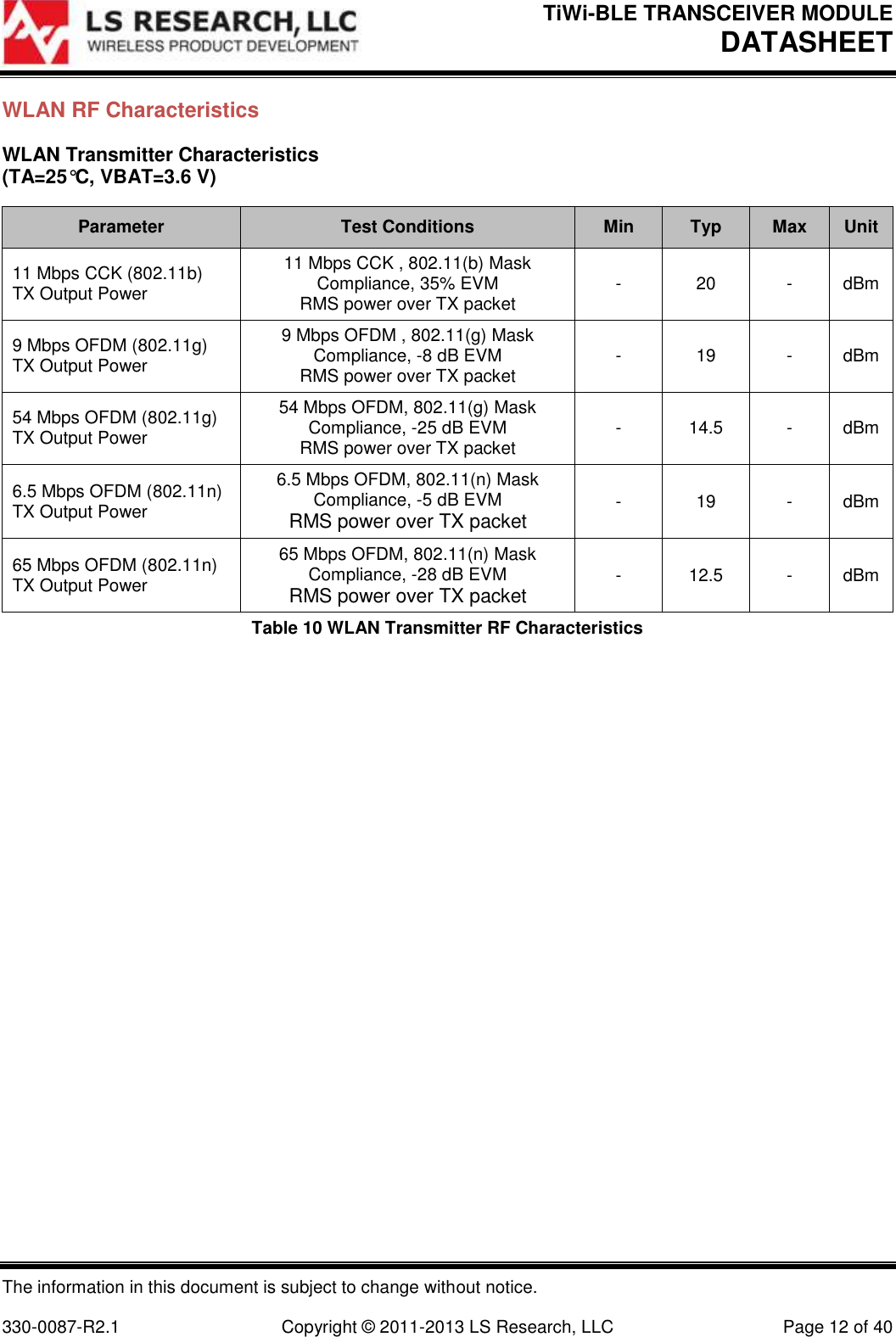 TiWi-BLE TRANSCEIVER MODULE DATASHEET   The information in this document is subject to change without notice.  330-0087-R2.1  Copyright © 2011-2013 LS Research, LLC  Page 12 of 40 WLAN RF Characteristics WLAN Transmitter Characteristics  (TA=25°C, VBAT=3.6 V) Parameter Test Conditions Min Typ Max Unit 11 Mbps CCK (802.11b) TX Output Power  11 Mbps CCK , 802.11(b) Mask Compliance, 35% EVM RMS power over TX packet - 20 - dBm 9 Mbps OFDM (802.11g) TX Output Power  9 Mbps OFDM , 802.11(g) Mask Compliance, -8 dB EVM RMS power over TX packet - 19 - dBm 54 Mbps OFDM (802.11g) TX Output Power 54 Mbps OFDM, 802.11(g) Mask Compliance, -25 dB EVM RMS power over TX packet - 14.5 - dBm 6.5 Mbps OFDM (802.11n) TX Output Power 6.5 Mbps OFDM, 802.11(n) Mask Compliance, -5 dB EVM RMS power over TX packet - 19 - dBm 65 Mbps OFDM (802.11n) TX Output Power 65 Mbps OFDM, 802.11(n) Mask Compliance, -28 dB EVM RMS power over TX packet - 12.5 - dBm Table 10 WLAN Transmitter RF Characteristics            