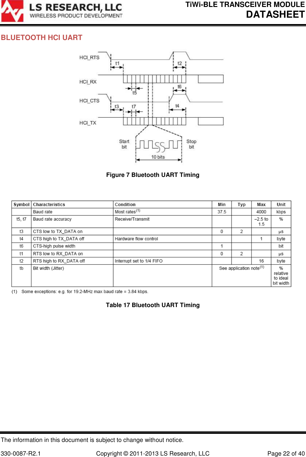 TiWi-BLE TRANSCEIVER MODULE DATASHEET   The information in this document is subject to change without notice.  330-0087-R2.1  Copyright © 2011-2013 LS Research, LLC  Page 22 of 40 BLUETOOTH HCI UART  Figure 7 Bluetooth UART Timing   Table 17 Bluetooth UART Timing    