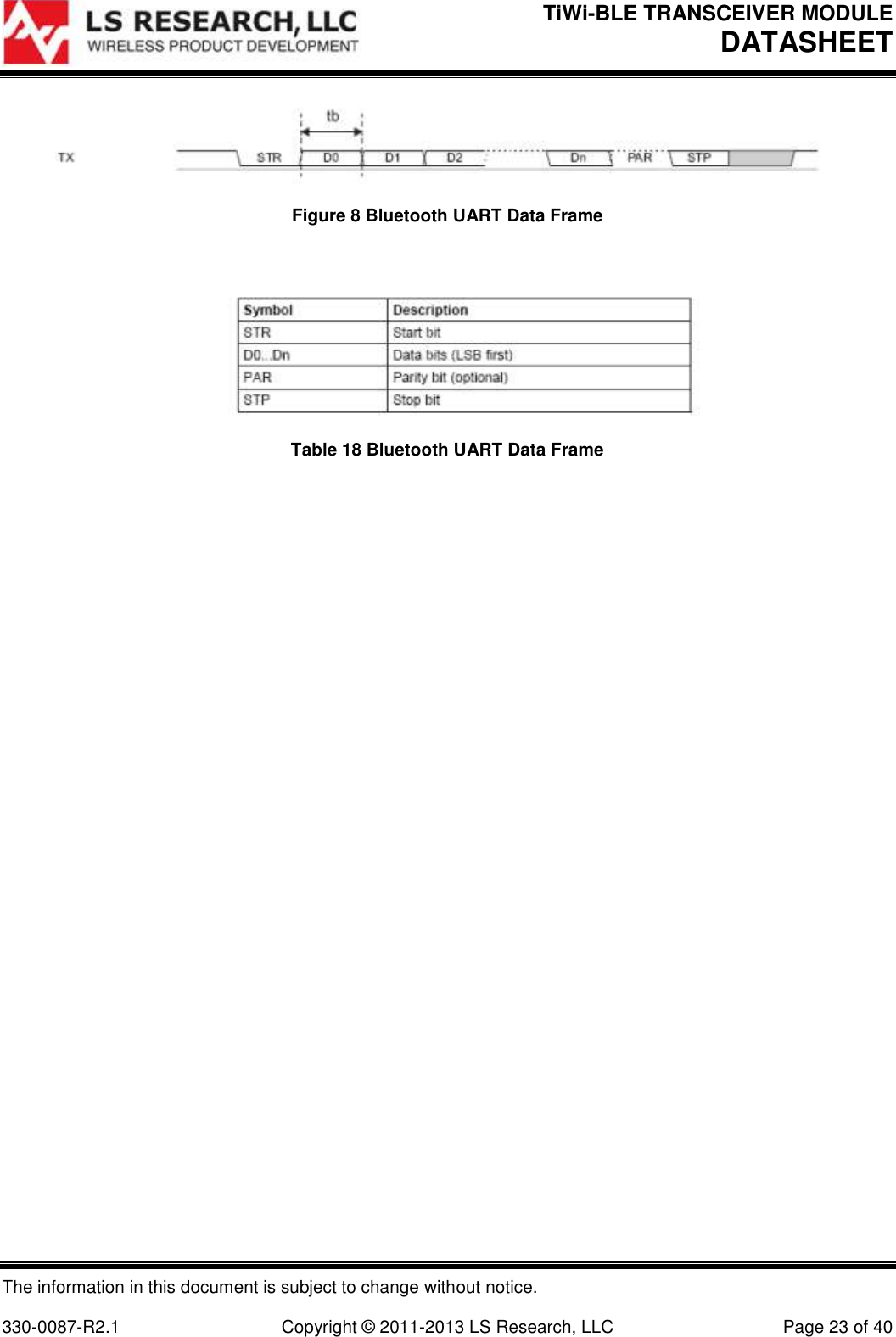 TiWi-BLE TRANSCEIVER MODULE DATASHEET   The information in this document is subject to change without notice.  330-0087-R2.1  Copyright © 2011-2013 LS Research, LLC  Page 23 of 40  Figure 8 Bluetooth UART Data Frame   Table 18 Bluetooth UART Data Frame    