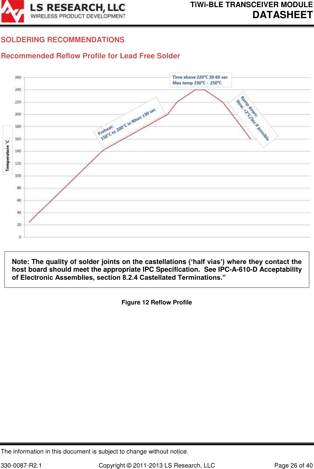TiWi-BLE TRANSCEIVER MODULE DATASHEET   The information in this document is subject to change without notice.  330-0087-R2.1  Copyright © 2011-2013 LS Research, LLC  Page 26 of 40 SOLDERING RECOMMENDATIONS Recommended Reflow Profile for Lead Free Solder  Note: The quality of solder joints on the castellations (‘half vias’) where they contact the host board should meet the appropriate IPC Specification.  See IPC-A-610-D Acceptability of Electronic Assemblies, section 8.2.4 Castellated Terminations.” Figure 12 Reflow Profile   