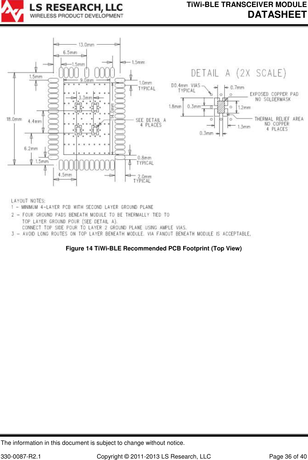 TiWi-BLE TRANSCEIVER MODULE DATASHEET   The information in this document is subject to change without notice.  330-0087-R2.1  Copyright © 2011-2013 LS Research, LLC  Page 36 of 40  Figure 14 TiWi-BLE Recommended PCB Footprint (Top View)     