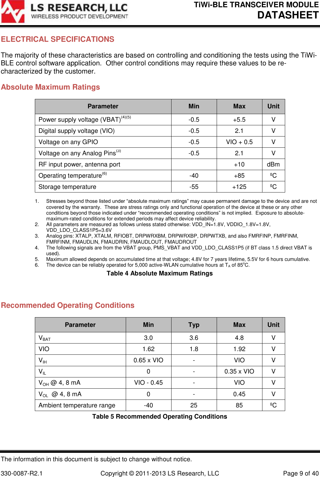 TiWi-BLE TRANSCEIVER MODULE DATASHEET   The information in this document is subject to change without notice.  330-0087-R2.1  Copyright © 2011-2013 LS Research, LLC  Page 9 of 40 ELECTRICAL SPECIFICATIONS The majority of these characteristics are based on controlling and conditioning the tests using the TiWi-BLE control software application.  Other control conditions may require these values to be re-characterized by the customer. Absolute Maximum Ratings Parameter Min Max Unit Power supply voltage (VBAT)(4)(5) -0.5 +5.5 V Digital supply voltage (VIO) -0.5 2.1 V Voltage on any GPIO -0.5 VIO + 0.5 V Voltage on any Analog Pins(3) -0.5 2.1 V RF input power, antenna port  +10 dBm Operating temperature(6) -40 +85 ºC Storage temperature -55 +125 ºC  1. Stresses beyond those listed under “absolute maximum ratings” may cause permanent damage to the device and are not covered by the warranty.  These are stress ratings only and functional operation of the device at these or any other conditions beyond those indicated under “recommended operating conditions” is not implied.  Exposure to absolute-maximum-rated conditions for extended periods may affect device reliability. 2.  All parameters are measured as follows unless stated otherwise: VDD_IN=1.8V, VDDIO_1.8V=1.8V, VDD_LDO_CLASS1P5=3.6V 3.  Analog pins: XTALP, XTALM, RFIOBT, DRPWRXBM, DRPWRXBP, DRPWTXB, and also FMRFINP, FMRFINM, FMRFINM, FMAUDLIN, FMAUDRIN, FMAUDLOUT, FMAUDROUT 4.  The following signals are from the VBAT group, PMS_VBAT and VDD_LDO_CLASS1P5 (if BT class 1.5 direct VBAT is used). 5.  Maximum allowed depends on accumulated time at that voltage; 4.8V for 7 years lifetime, 5.5V for 6 hours cumulative. 6.  The device can be reliably operated for 5,000 active-WLAN cumulative hours at TA of 85oC. Table 4 Absolute Maximum Ratings  Recommended Operating Conditions Parameter Min Typ Max Unit VBAT 3.0 3.6 4.8 V VIO 1.62 1.8 1.92 V VIH  0.65 x VIO - VIO V VIL 0 - 0.35 x VIO V VOH @ 4, 8 mA VIO - 0.45 - VIO V VOL  @ 4, 8 mA 0 - 0.45 V Ambient temperature range -40 25 85 ºC Table 5 Recommended Operating Conditions 