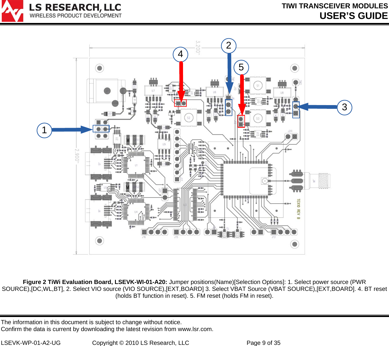 TIWI TRANSCEIVER MODULES USER’S GUIDE The information in this document is subject to change without notice. Confirm the data is current by downloading the latest revision from www.lsr.com.  LSEVK-WP-01-A2-UG  Copyright © 2010 LS Research, LLC  Page 9 of 35 12345 Figure 2 TiWi Evaluation Board, LSEVK-WI-01-A20: Jumper positions(Name)[Selection Options]: 1. Select power source (PWR SOURCE),[DC,WL,BT], 2. Select VIO source (VIO SOURCE),[EXT,BOARD] 3. Select VBAT Source (VBAT SOURCE),[EXT,BOARD]. 4. BT reset (holds BT function in reset). 5. FM reset (holds FM in reset).  