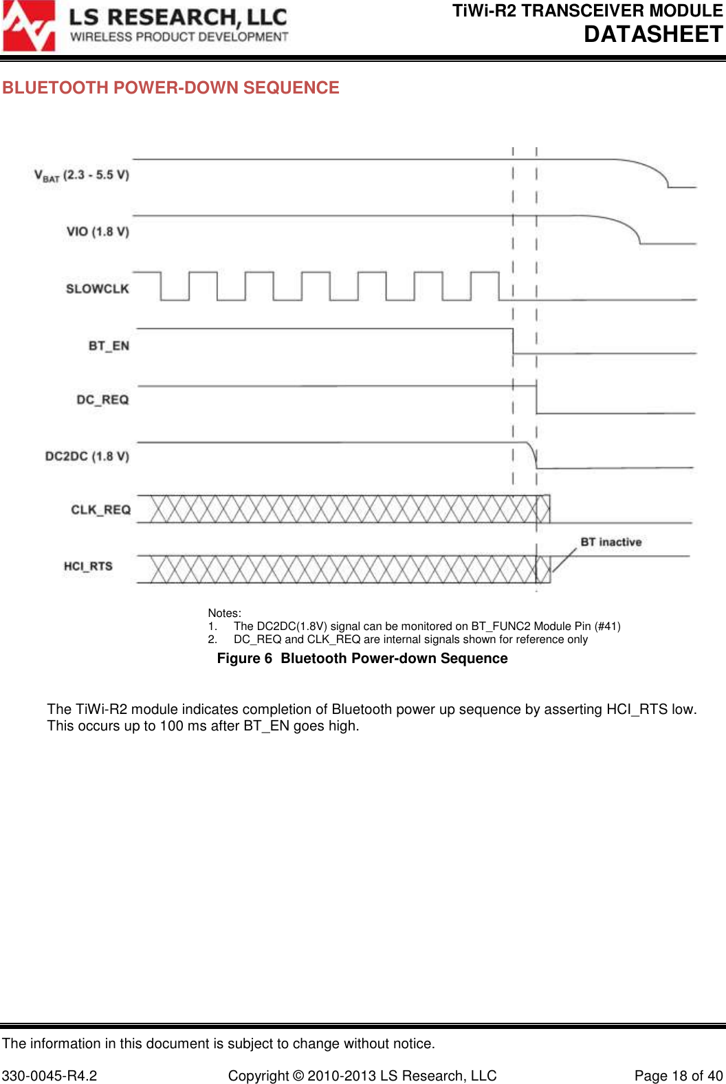 TiWi-R2 TRANSCEIVER MODULE     DATASHEET  The information in this document is subject to change without notice.  330-0045-R4.2  Copyright © 2010-2013 LS Research, LLC  Page 18 of 40 BLUETOOTH POWER-DOWN SEQUENCE   Notes: 1.  The DC2DC(1.8V) signal can be monitored on BT_FUNC2 Module Pin (#41) 2.  DC_REQ and CLK_REQ are internal signals shown for reference only Figure 6  Bluetooth Power-down Sequence  The TiWi-R2 module indicates completion of Bluetooth power up sequence by asserting HCI_RTS low. This occurs up to 100 ms after BT_EN goes high.   