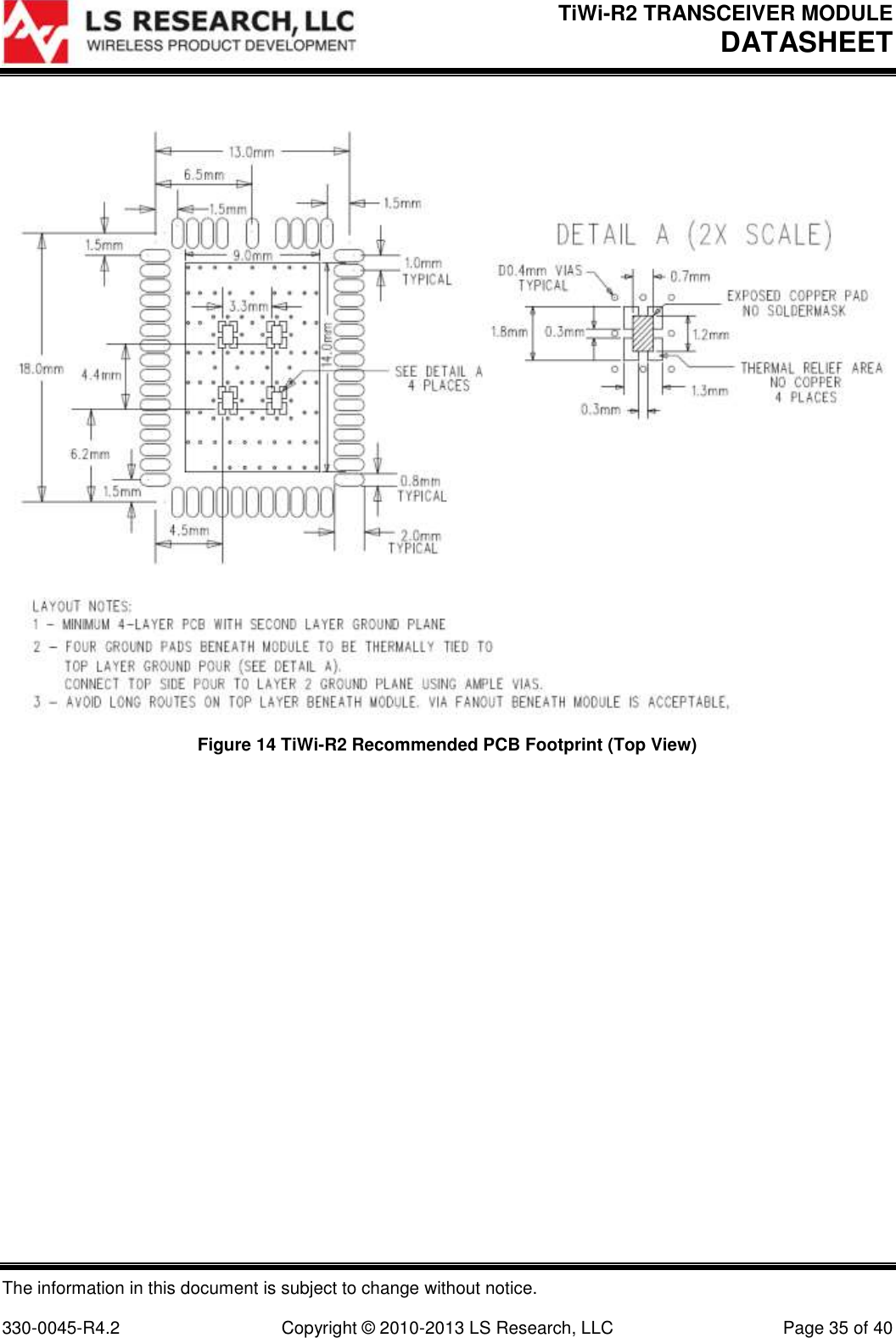 TiWi-R2 TRANSCEIVER MODULE     DATASHEET  The information in this document is subject to change without notice.  330-0045-R4.2  Copyright © 2010-2013 LS Research, LLC  Page 35 of 40       Figure 14 TiWi-R2 Recommended PCB Footprint (Top View)     