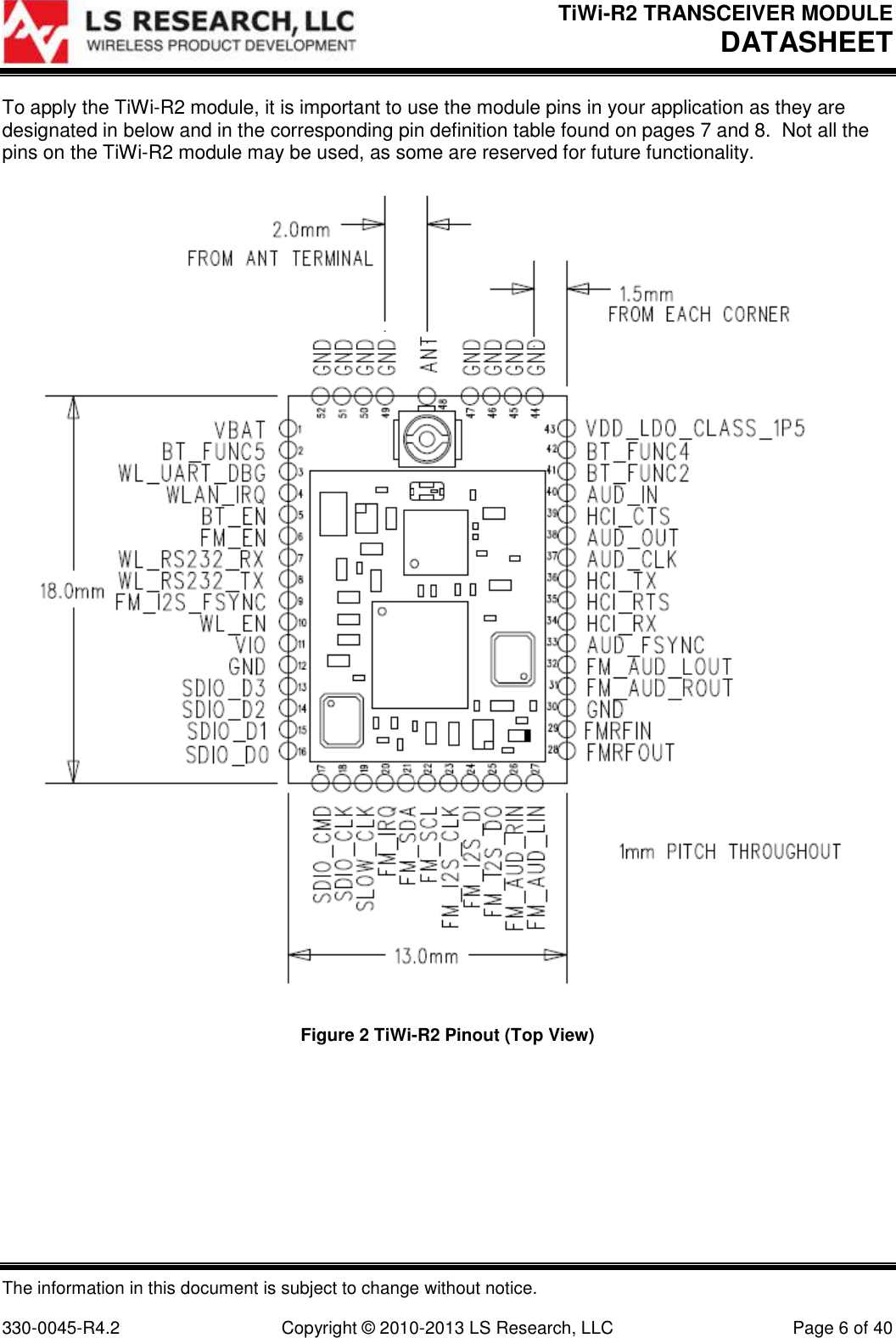 TiWi-R2 TRANSCEIVER MODULE     DATASHEET  The information in this document is subject to change without notice.  330-0045-R4.2  Copyright © 2010-2013 LS Research, LLC  Page 6 of 40 To apply the TiWi-R2 module, it is important to use the module pins in your application as they are designated in below and in the corresponding pin definition table found on pages 7 and 8.  Not all the pins on the TiWi-R2 module may be used, as some are reserved for future functionality.   Figure 2 TiWi-R2 Pinout (Top View) 