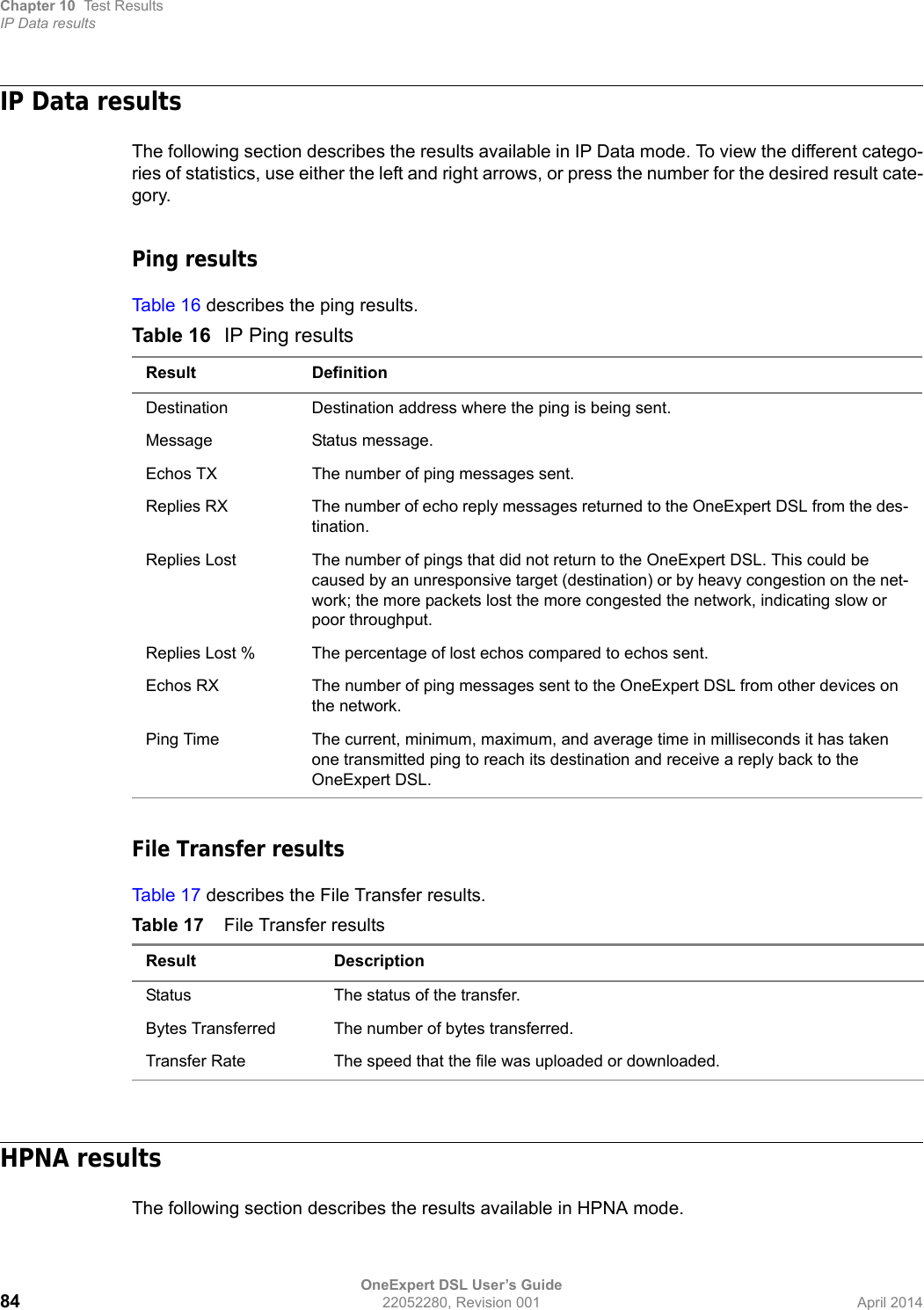 Chapter 10 Test ResultsIP Data resultsOneExpert DSL User’s Guide84 22052280, Revision 001 April 2014IP Data resultsThe following section describes the results available in IP Data mode. To view the different catego-ries of statistics, use either the left and right arrows, or press the number for the desired result cate-gory.Ping resultsTab le 1 6 describes the ping results.File Transfer resultsTab le 1 7 describes the File Transfer results.HPNA resultsThe following section describes the results available in HPNA mode.Table 16 IP Ping resultsResult DefinitionDestination Destination address where the ping is being sent.Message Status message.Echos TX The number of ping messages sent. Replies RX The number of echo reply messages returned to the OneExpert DSL from the des-tination.Replies Lost The number of pings that did not return to the OneExpert DSL. This could be caused by an unresponsive target (destination) or by heavy congestion on the net-work; the more packets lost the more congested the network, indicating slow or poor throughput. Replies Lost % The percentage of lost echos compared to echos sent.Echos RX The number of ping messages sent to the OneExpert DSL from other devices on the network. Ping Time The current, minimum, maximum, and average time in milliseconds it has taken one transmitted ping to reach its destination and receive a reply back to the OneExpert DSL.Table 17 File Transfer resultsResult DescriptionStatus The status of the transfer.Bytes Transferred The number of bytes transferred.Transfer Rate The speed that the file was uploaded or downloaded.