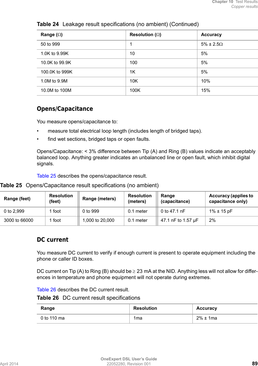 Chapter 10 Test ResultsCopper resultsOneExpert DSL User’s GuideApril 2014 22052280, Revision 001 89Opens/CapacitanceYou measure opens/capacitance to:• measure total electrical loop length (includes length of bridged taps).• find wet sections, bridged taps or open faults.Opens/Capacitance: &lt; 3% difference between Tip (A) and Ring (B) values indicate an acceptably balanced loop. Anything greater indicates an unbalanced line or open fault, which inhibit digital signals.Tab le 2 5 describes the opens/capacitance result.DC currentYou measure DC current to verify if enough current is present to operate equipment including the phone or caller ID boxes. DC current on Tip (A) to Ring (B) should be 23 mA at the NID. Anything less will not allow for differ-ences in temperature and phone equipment will not operate during extremes.Tab le 2 6 describes the DC current result.50 to 999 1 5% ± 2.51.0K to 9.99K 10 5%10.0K to 99.9K 100 5%100.0K to 999K 1K 5%1.0M to 9.9M 10K 10%10.0M to 100M 100K 15%Table 24 Leakage result specifications (no ambient) (Continued)Range () Resolution ()AccuracyTable 25 Opens/Capacitance result specifications (no ambient)Range (feet) Resolution (feet) Range (meters) Resolution (meters)Range (capacitance)Accuracy (applies to capacitance only)0 to 2,999 1 foot 0 to 999 0.1 meter 0 to 47.1 nF 1% ± 15 pF3000 to 66000 1 foot 1,000 to 20,000 0.1 meter 47.1 nF to 1.57 µF 2%Table 26 DC current result specificationsRange Resolution Accuracy0 to 110 ma  1ma 2% ± 1ma