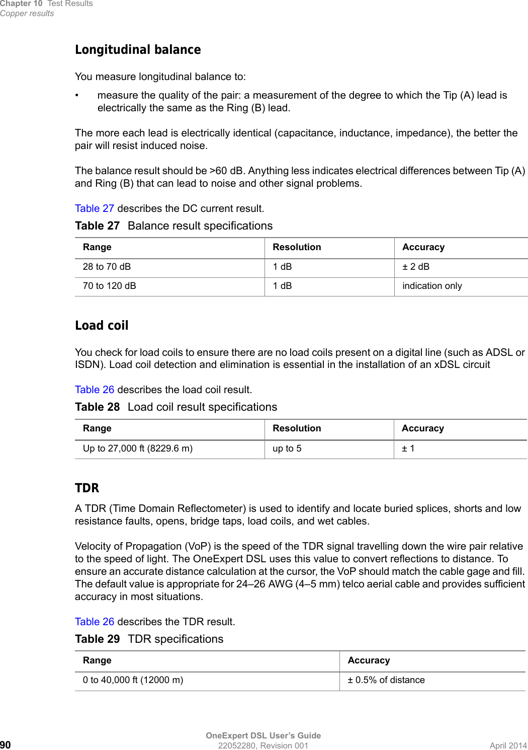 Chapter 10 Test ResultsCopper resultsOneExpert DSL User’s Guide90 22052280, Revision 001 April 2014Longitudinal balanceYou measure longitudinal balance to:• measure the quality of the pair: a measurement of the degree to which the Tip (A) lead is electrically the same as the Ring (B) lead.The more each lead is electrically identical (capacitance, inductance, impedance), the better the pair will resist induced noise. The balance result should be &gt;60 dB. Anything less indicates electrical differences between Tip (A) and Ring (B) that can lead to noise and other signal problems.Tab le 2 7 describes the DC current result.Load coilYou check for load coils to ensure there are no load coils present on a digital line (such as ADSL or ISDN). Load coil detection and elimination is essential in the installation of an xDSL circuitTab le 2 6 describes the load coil result.TDRA TDR (Time Domain Reflectometer) is used to identify and locate buried splices, shorts and low resistance faults, opens, bridge taps, load coils, and wet cables.Velocity of Propagation (VoP) is the speed of the TDR signal travelling down the wire pair relative to the speed of light. The OneExpert DSL uses this value to convert reflections to distance. To ensure an accurate distance calculation at the cursor, the VoP should match the cable gage and fill. The default value is appropriate for 24–26 AWG (4–5 mm) telco aerial cable and provides sufficient accuracy in most situations.Tab le 2 6 describes the TDR result.Table 27 Balance result specificationsRange Resolution Accuracy28 to 70 dB 1 dB ± 2 dB70 to 120 dB 1 dB indication onlyTable 28 Load coil result specificationsRange Resolution AccuracyUp to 27,000 ft (8229.6 m) up to 5 ± 1Table 29 TDR specificationsRange Accuracy0 to 40,000 ft (12000 m) ± 0.5% of distance