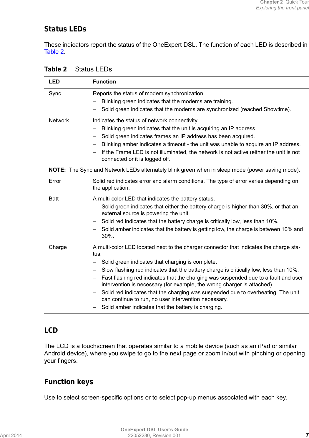 Chapter 2 Quick TourExploring the front panelOneExpert DSL User’s GuideApril 2014 22052280, Revision 001 7Status LEDsThese indicators report the status of the OneExpert DSL. The function of each LED is described in Tab le 2 .LCDThe LCD is a touchscreen that operates similar to a mobile device (such as an iPad or similar Android device), where you swipe to go to the next page or zoom in/out with pinching or opening your fingers. Function keysUse to select screen-specific options or to select pop-up menus associated with each key.Table 2 Status LEDsLED FunctionSync Reports the status of modem synchronization.– Blinking green indicates that the modems are training.– Solid green indicates that the modems are synchronized (reached Showtime).Network Indicates the status of network connectivity. – Blinking green indicates that the unit is acquiring an IP address.– Solid green indicates frames an IP address has been acquired.– Blinking amber indicates a timeout - the unit was unable to acquire an IP address.– If the Frame LED is not illuminated, the network is not active (either the unit is not connected or it is logged off.NOTE:  The Sync and Network LEDs alternately blink green when in sleep mode (power saving mode).Error Solid red indicates error and alarm conditions. The type of error varies depending on the application.Batt A multi-color LED that indicates the battery status.– Solid green indicates that either the battery charge is higher than 30%, or that an external source is powering the unit.– Solid red indicates that the battery charge is critically low, less than 10%.– Solid amber indicates that the battery is getting low, the charge is between 10% and 30%.Charge A multi-color LED located next to the charger connector that indicates the charge sta-tus.– Solid green indicates that charging is complete.– Slow flashing red indicates that the battery charge is critically low, less than 10%.– Fast flashing red indicates that the charging was suspended due to a fault and user intervention is necessary (for example, the wrong charger is attached).– Solid red indicates that the charging was suspended due to overheating. The unit can continue to run, no user intervention necessary.– Solid amber indicates that the battery is charging.