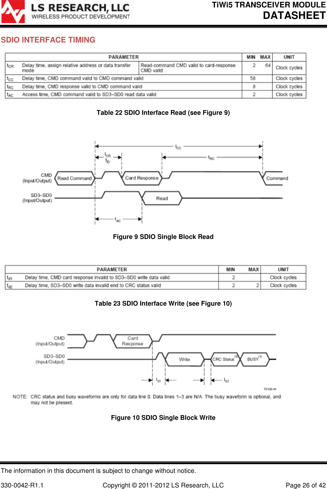 TiWi5 TRANSCEIVER MODULE DATASHEET  The information in this document is subject to change without notice.  330-0042-R1.1    Copyright © 2011-2012 LS Research, LLC  Page 26 of 42 SDIO INTERFACE TIMING  Table 22 SDIO Interface Read (see Figure 9)   Figure 9 SDIO Single Block Read   Table 23 SDIO Interface Write (see Figure 10)   Figure 10 SDIO Single Block Write   